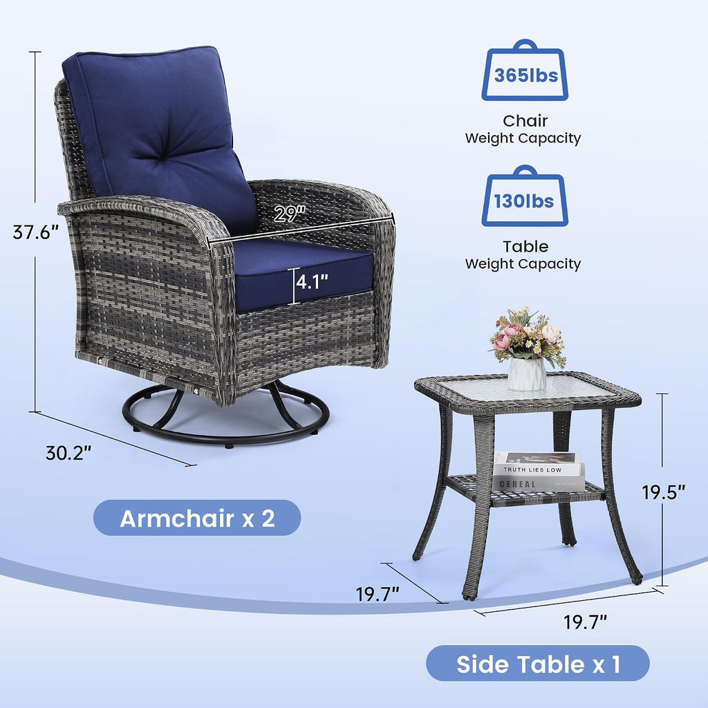 wildformers Luxury Outdoor Swivel Wicker Glider Patio Chairs with Table Set, Overstuffed Washable Cushions, Ideal for Porch, Balcony, Deck, Grey Rattan and Blue Cushion