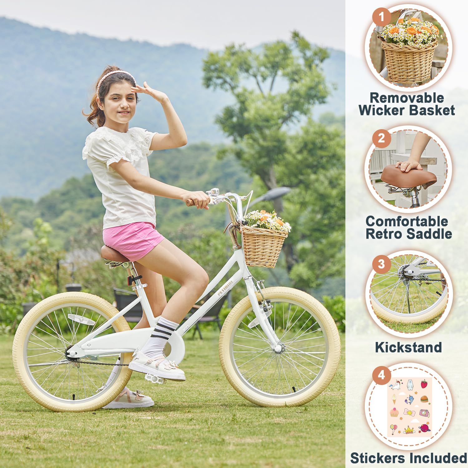 Petimini Vintage Kids Bike for Girls, 12–20 Inch Classic Bicycle with Wicker Basket & Bell, High Tensile Steel Frame, Training Wheels (12–18'), 85% Pre-Assembled, Retro Bike for Outdoor Riding