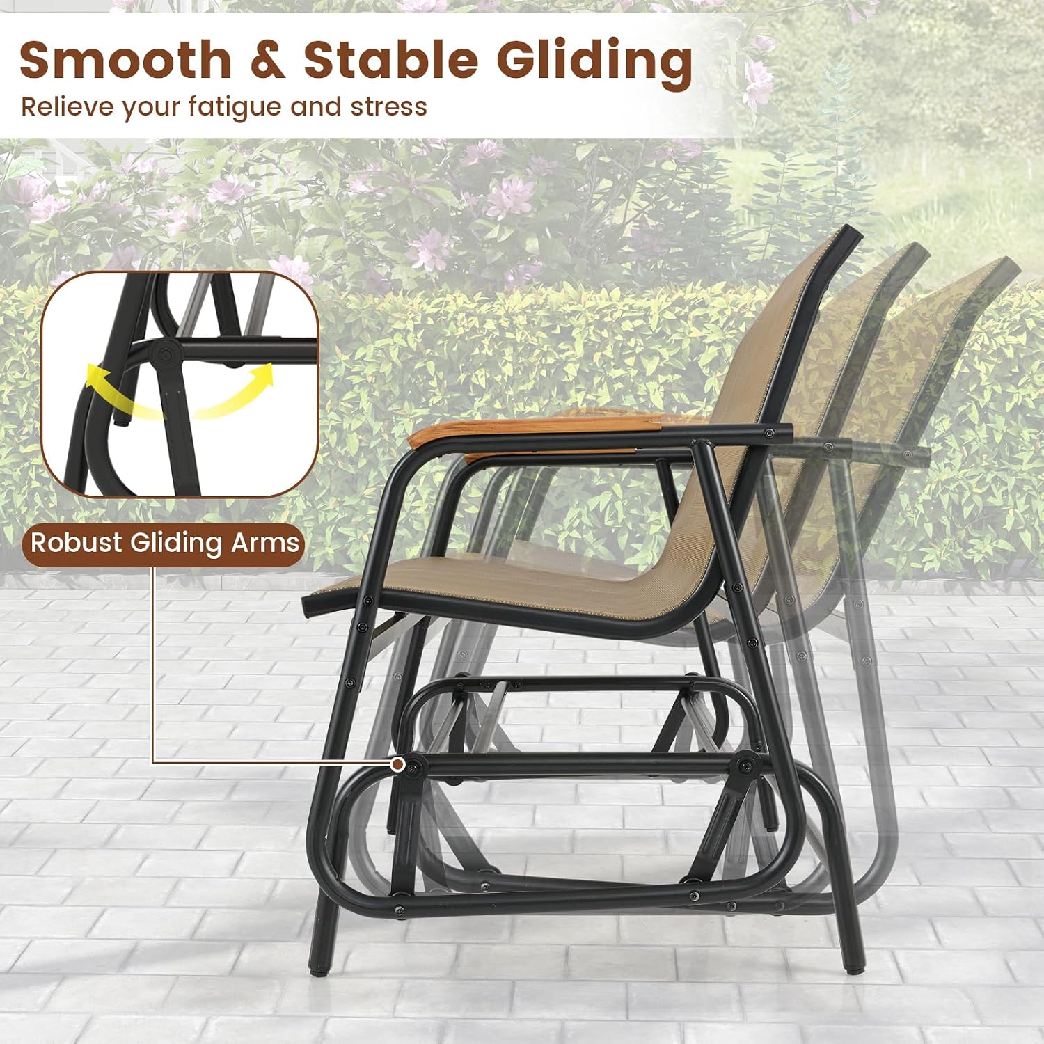 Giantex Patio Glider Bench, 2-Person Swing Gliding Loveseat with Curved Teak Armrests, Fabric Seat, Metal Frame, Load 660lbs, Outdoor Rocking Chair for Porch, Yard, Poolside (29'x45'x33')
