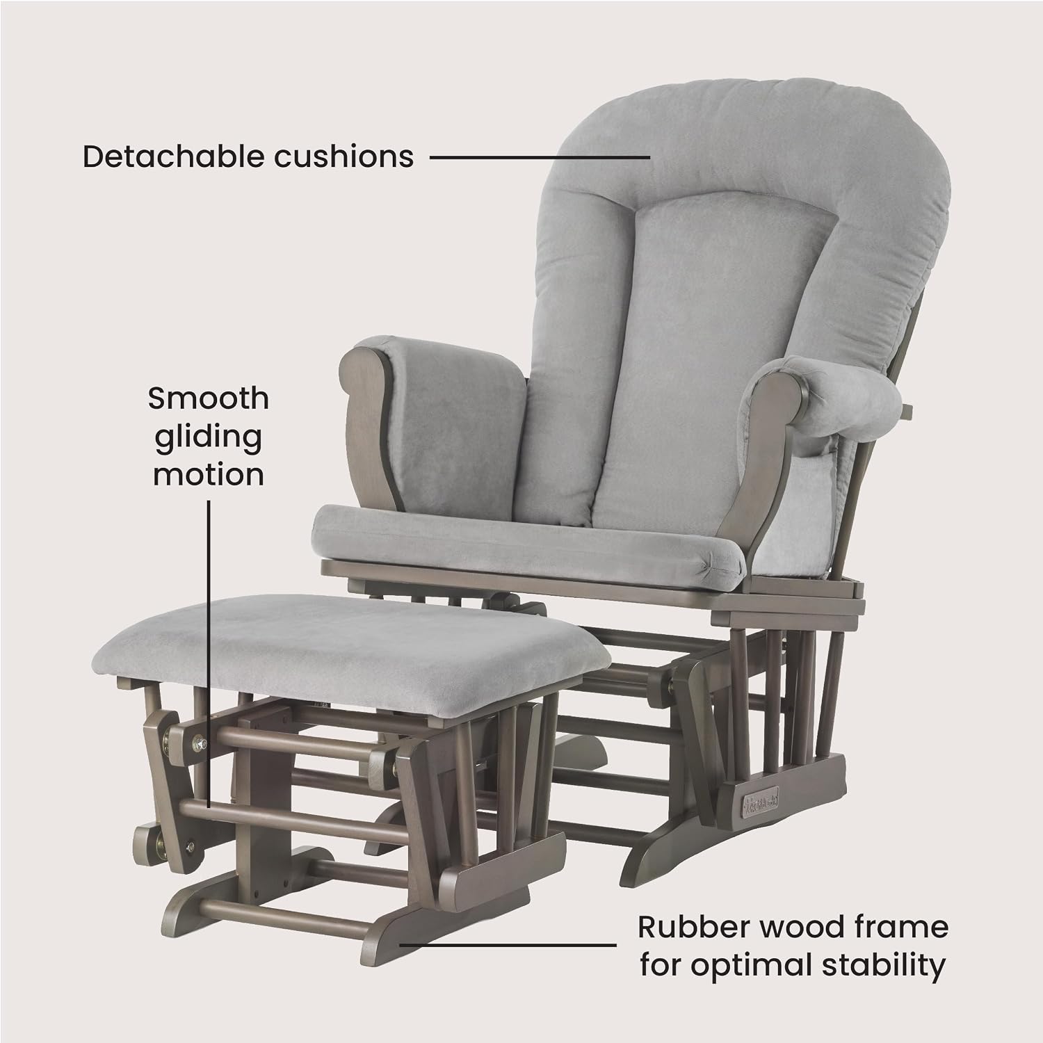 Child Craft Cozy Glider Rocker and Ottoman Set, Smooth Quiet Gliding Motion, Padded Cushion with Convenient Storage Pockets, Solid Wood Base & Frame (Dapper Gray with Light Gray Cushion)