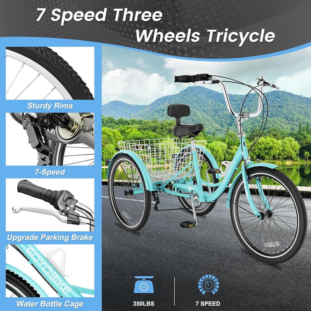 Slsy Adult Tricycle 7 Speed, 20/24/26 Inch Step-Through 3 Wheel Bike for Adults with Large Shopping Basket, 350 lb Capacity Adult Trike for Seniors, Women and Men