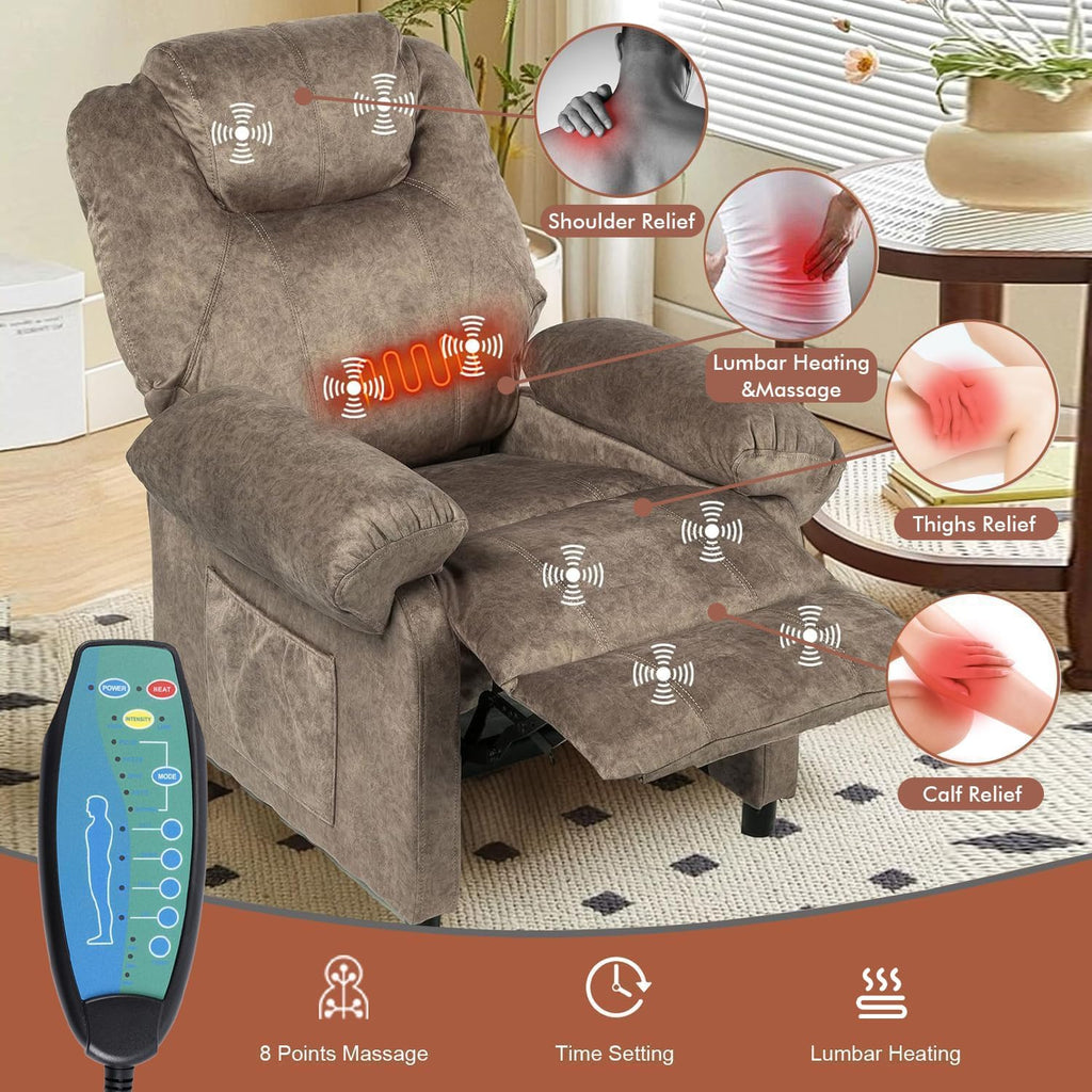 Pushback Massage Recliner Chair with Heat, Fabric Heated Small Massaging Reclining Chair Single Sofa for Adults, Overstuffed Push Back Manual Recliner for Living Room,Brown