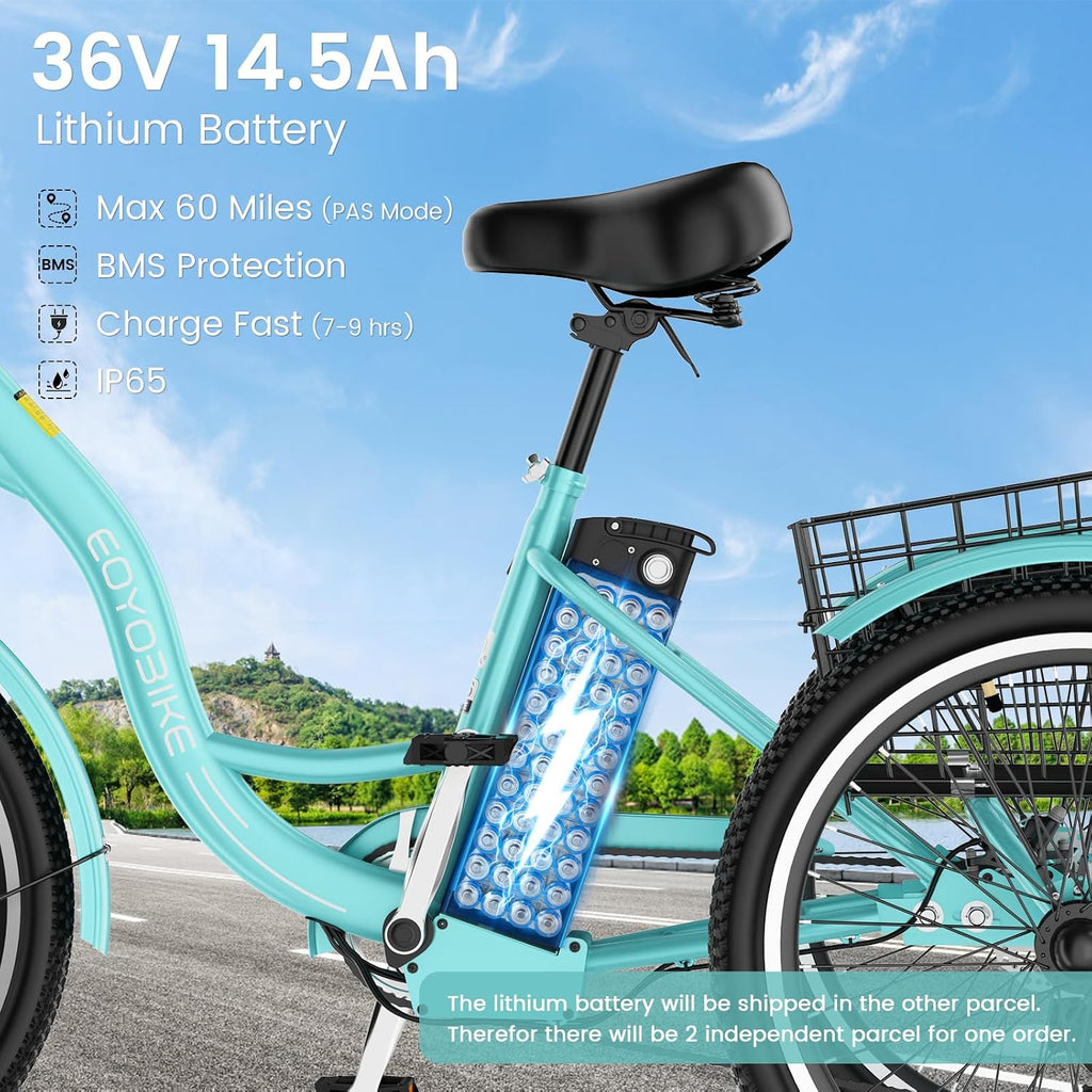 Electric Tricycle for Adults Seniors, 24/26 Inch 3 Wheel E-Trike, 350W Motor (700W Peak), Removable 36V Battery, Up to 15.5MPH, 25-60Mile Range, Low Step-Through, Rear Basket, 350lbs Capacity, 7 Speed