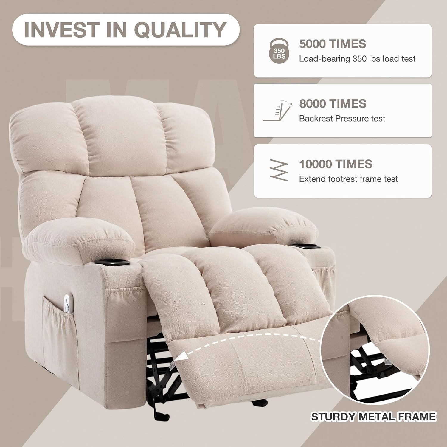 Massage Rocker Recliner Chair with Heat and Vibration Ergonomic Rocking Lounge Chair for Living Room Comfy Overstuffed Recliner with 4 Side Pockets, 2 Cup Holders, Beige