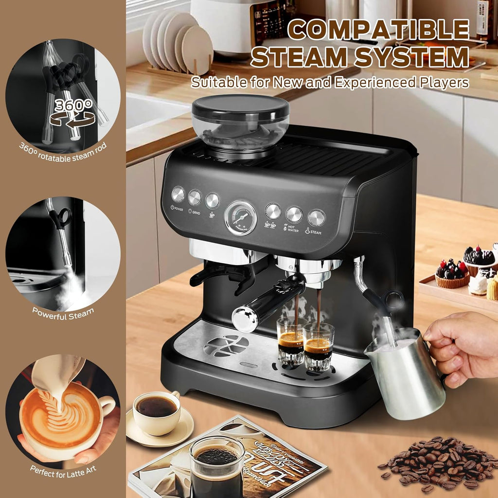 MIROX Espresso Machine 15 Bar, Coffee Maker With Milk Frother Steam Wand, Built-In Bean Grinder, Combo Cappuccino Machine with 70oz Removable Water Tank (ABS high-strength plastic shell)