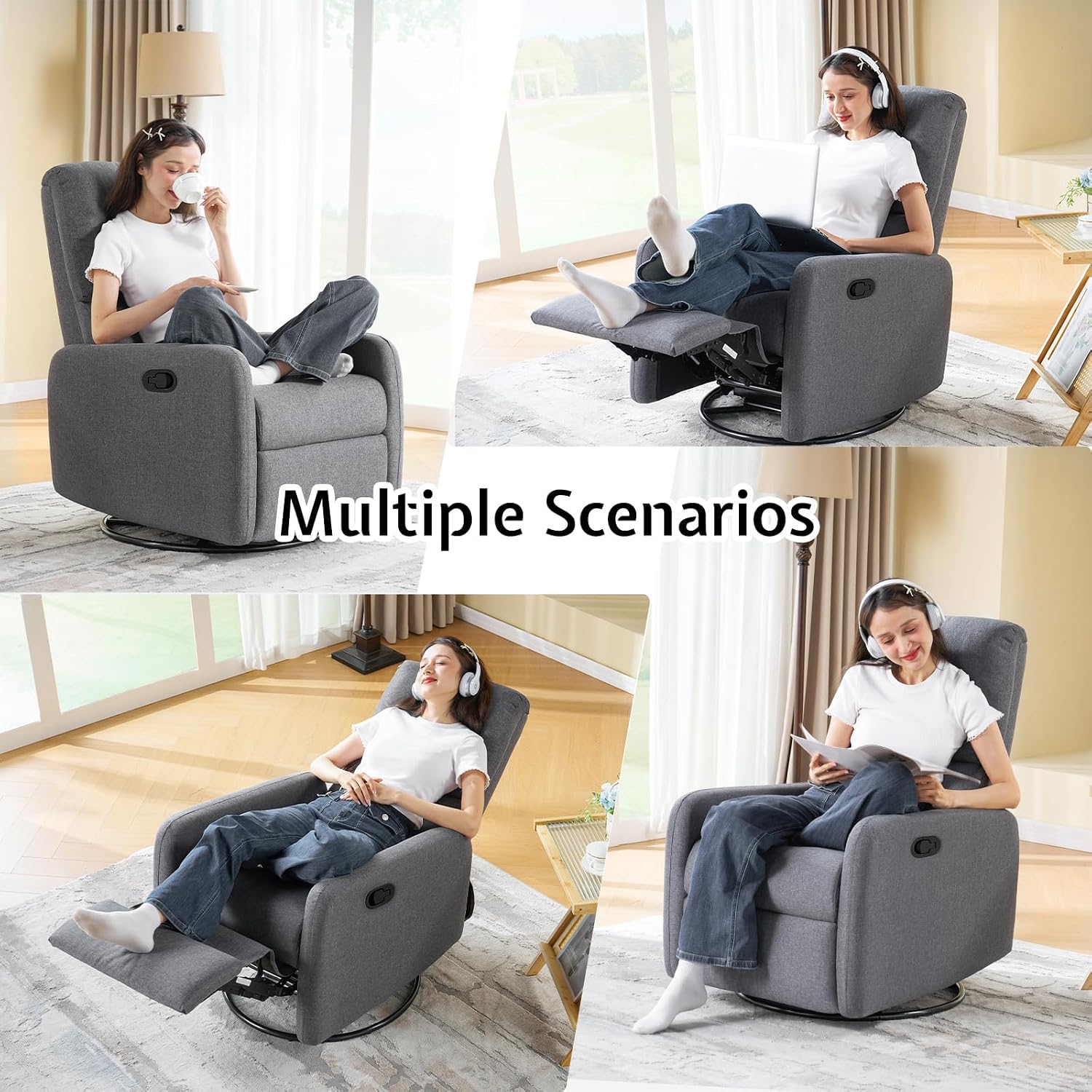 Jocisland Swivel Rocking Chair, Nursery Glider Recliner Chairs for Adults, Rocker for Living Room Bedroom, Comfy Upholstered Modern Nursing Reclining Single Sofa, Grey Linen (No Side Pockets)