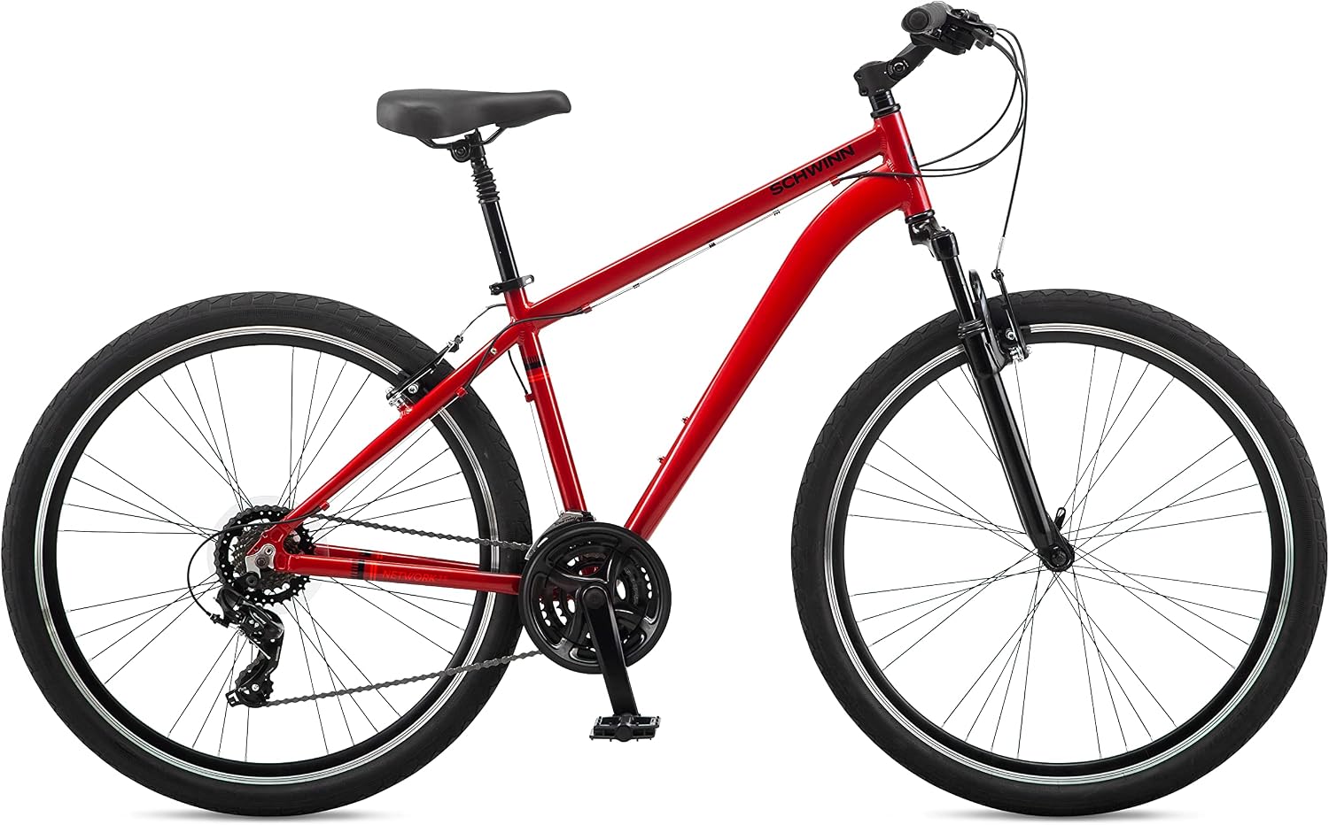 Schwinn Network 3.5 Hybrid Bike, Mens and Womens Bike, 21-Speed Hybrid Bicycle, Aluminum Frame, Suspension Seat, Alloy Linear Pull Brakes, Adult Bicycle