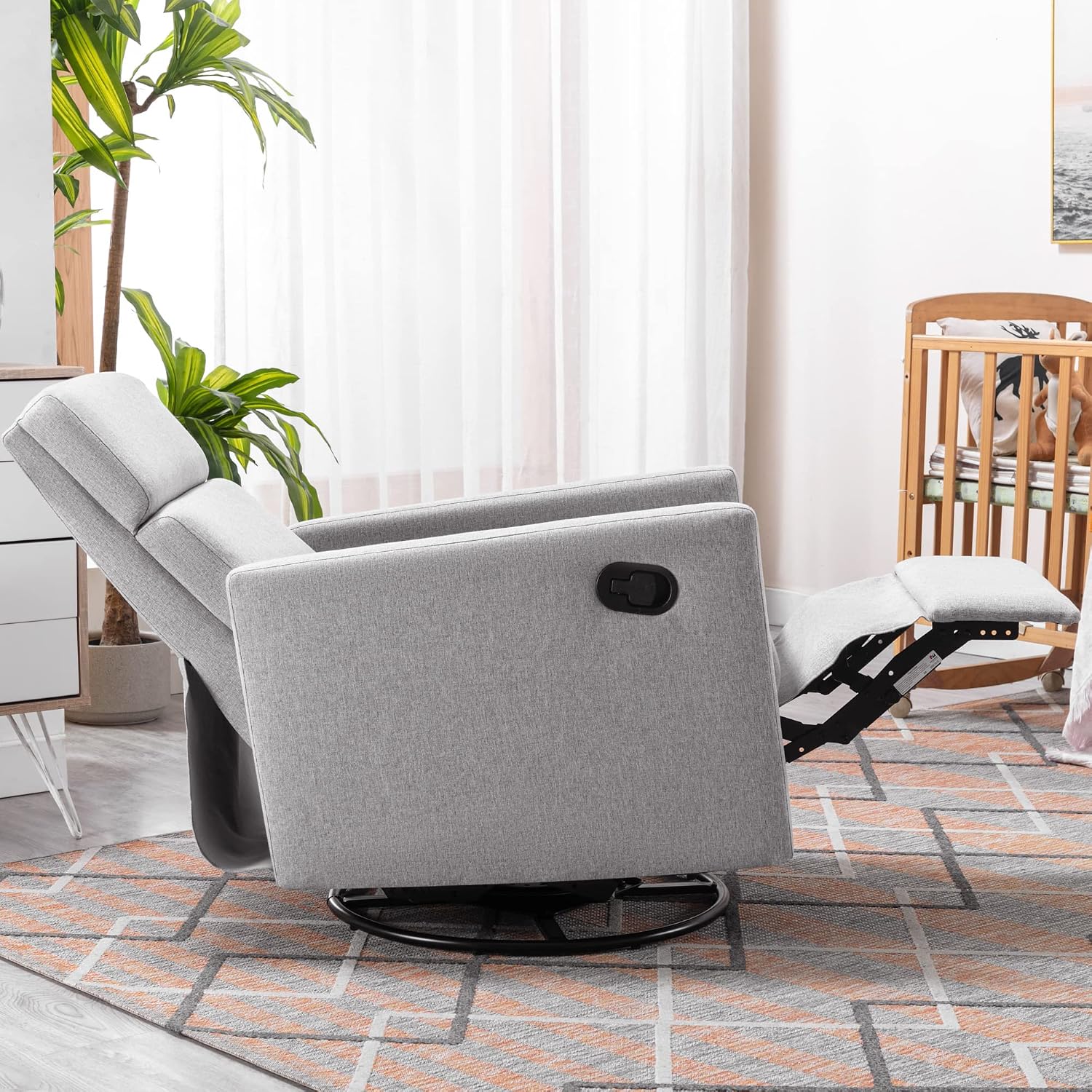 LUMISOL Swivel Rocking Recliner Chair for Adults, Nursery Swivel Glider Chair Manual Reclining Single Sofa Chair, Linen Upholstered Glider Rocker Recliner with High Back, Gray