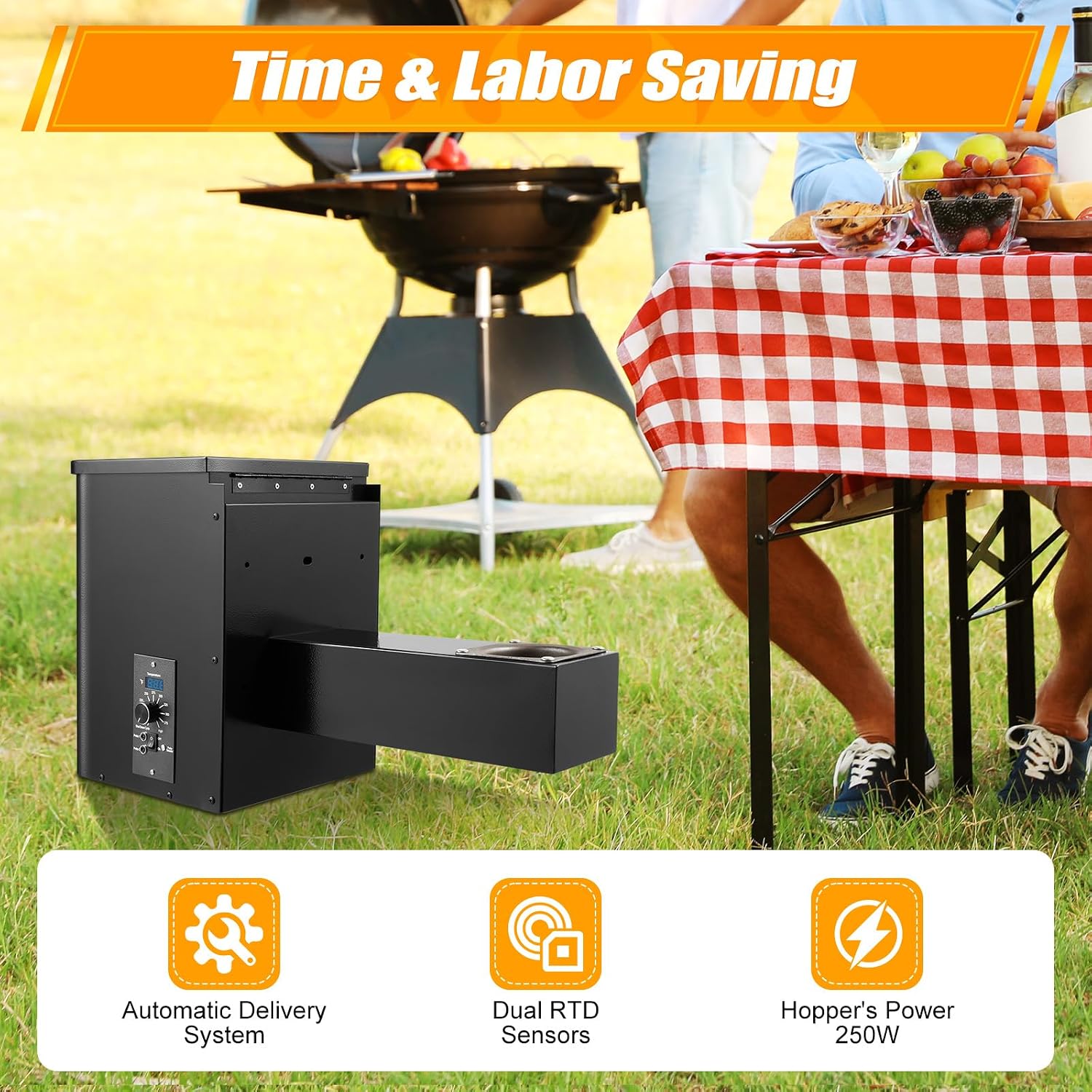 Pellet Smoker Hopper Kit,Vertical Pellet Hopper Assembly,250w Electric Wood Pellet Grill with Digital Temperature Controller for BBQ Smoke Bake（180℉ to 500℉）