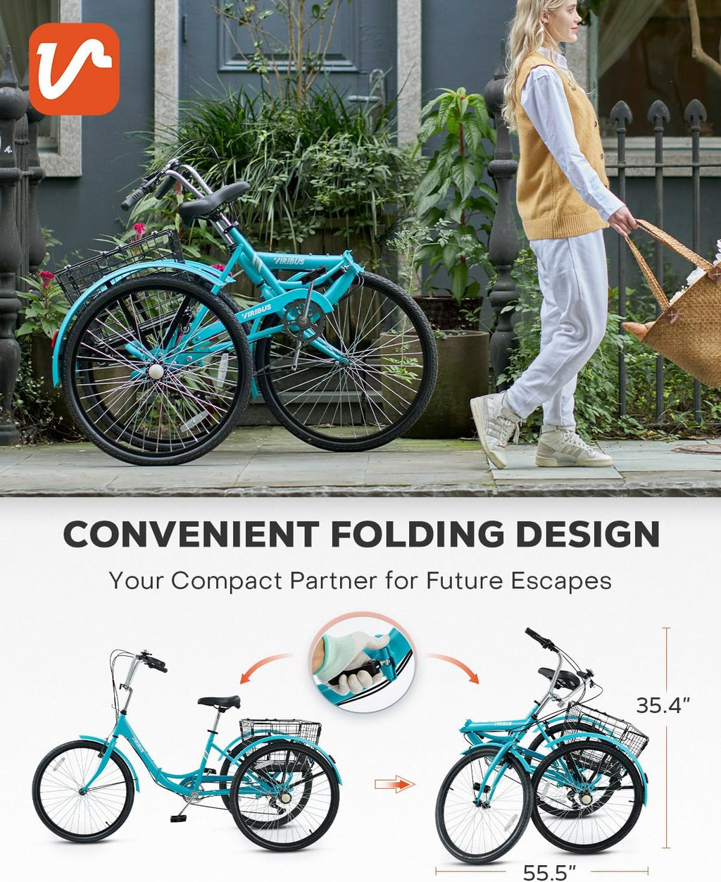 VIRIBUS Folding Tricycle for Adults, 7 Speed Foldable Adult Tricycle with Removable Wheeled Basket, Folding 3 Wheel Bikes for Women Men Seniors 24 26 inch, Collapsible Three Wheeler Trike 330 LB.