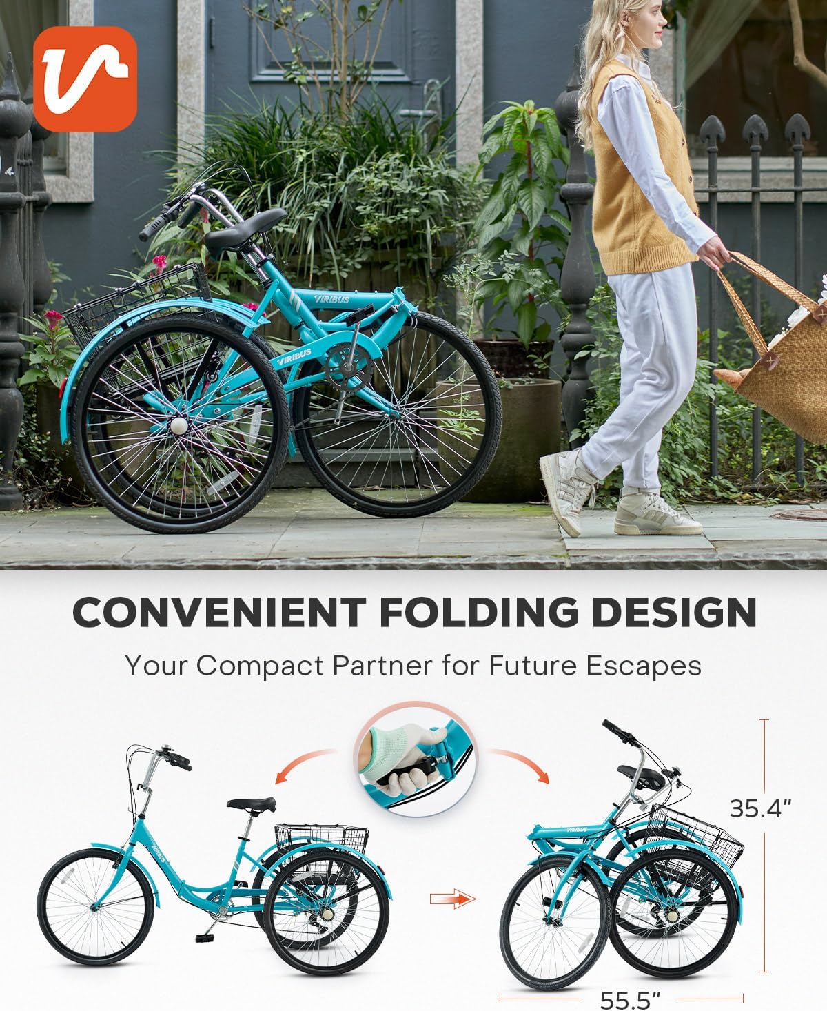 VIRIBUS Folding Tricycle for Adults, 7 Speed Foldable Adult Tricycle with Removable Wheeled Basket, Folding 3 Wheel Bikes for Women Men Seniors 24 26 inch, Collapsible Three Wheeler Trike 330 LB.