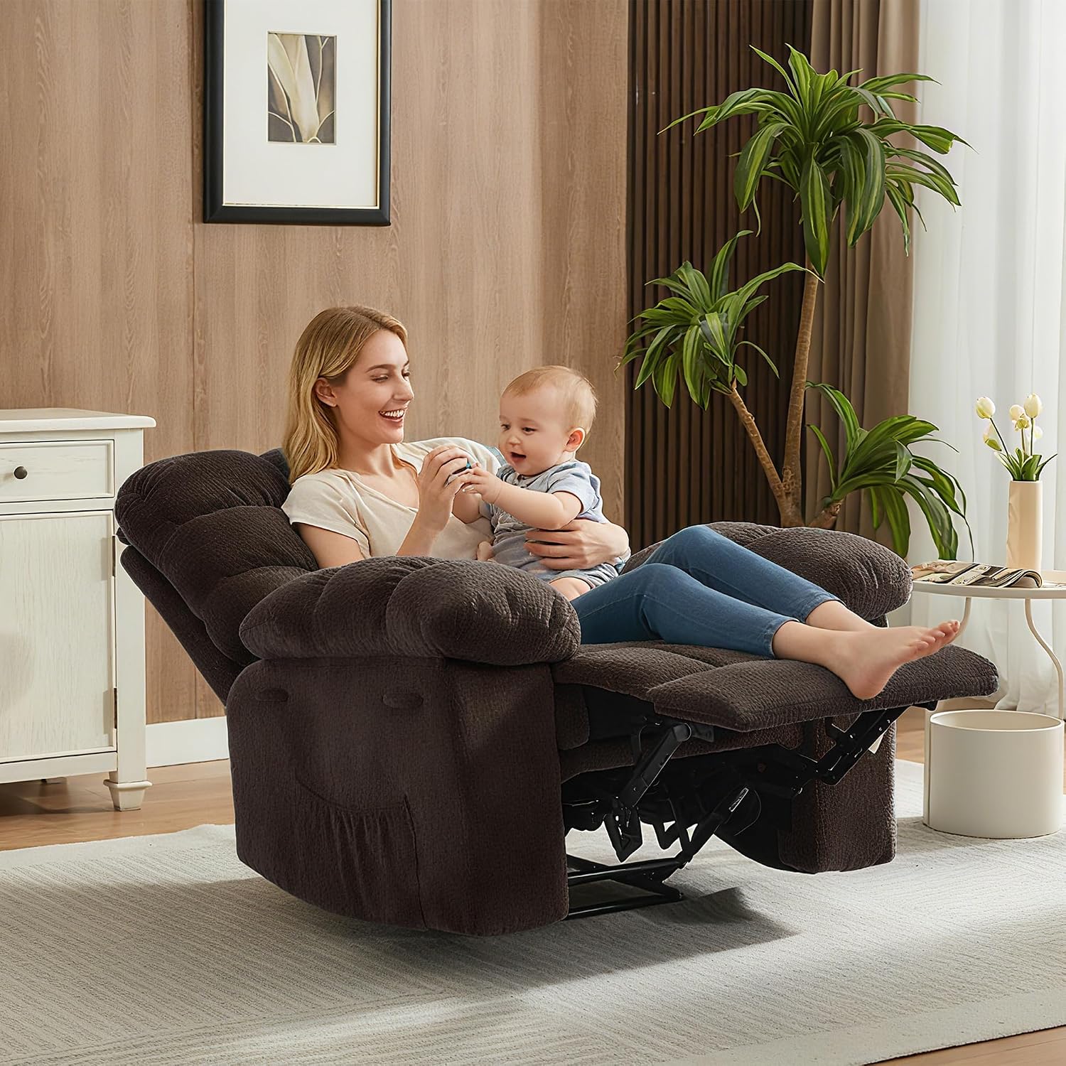 Oversized Rocker Recliner Chair for Adult, Ergonomic Nursery Rock Recliner Chairs,Extra Wide Manual Recliners,Upholstery Overstuffed Soft Rocking Sofa Chair,Brown