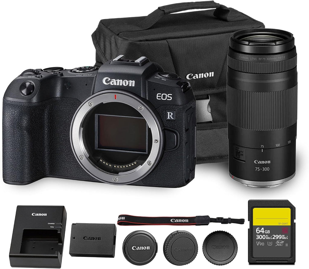 Canon EOS RP Mirrorless Camera| 26.2MP Full Frame Sensor| 4K Video Recording| Lightweight Compact Camera for Travel and Everyday Content Creation (3380C002) + Canon RF 75-300mm Lens + 64GB Card + Bag