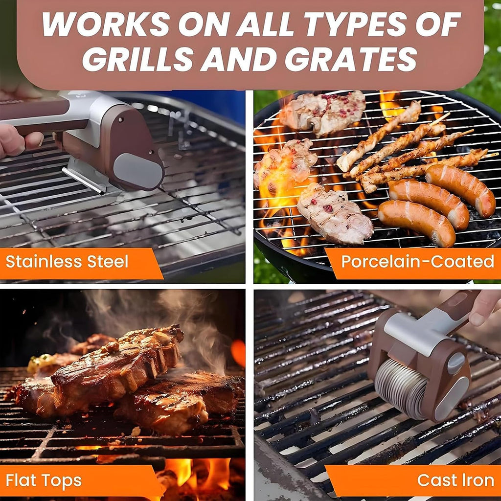 Rechargeable Grill Cleaner with 2pcs Stainless Roller & BBQ Air Blower, Cordless Spinning Grill, Brush, 350 RPM, LED Light, No Bristles, No Preheating, BBQ Tool for Outdoor Camping