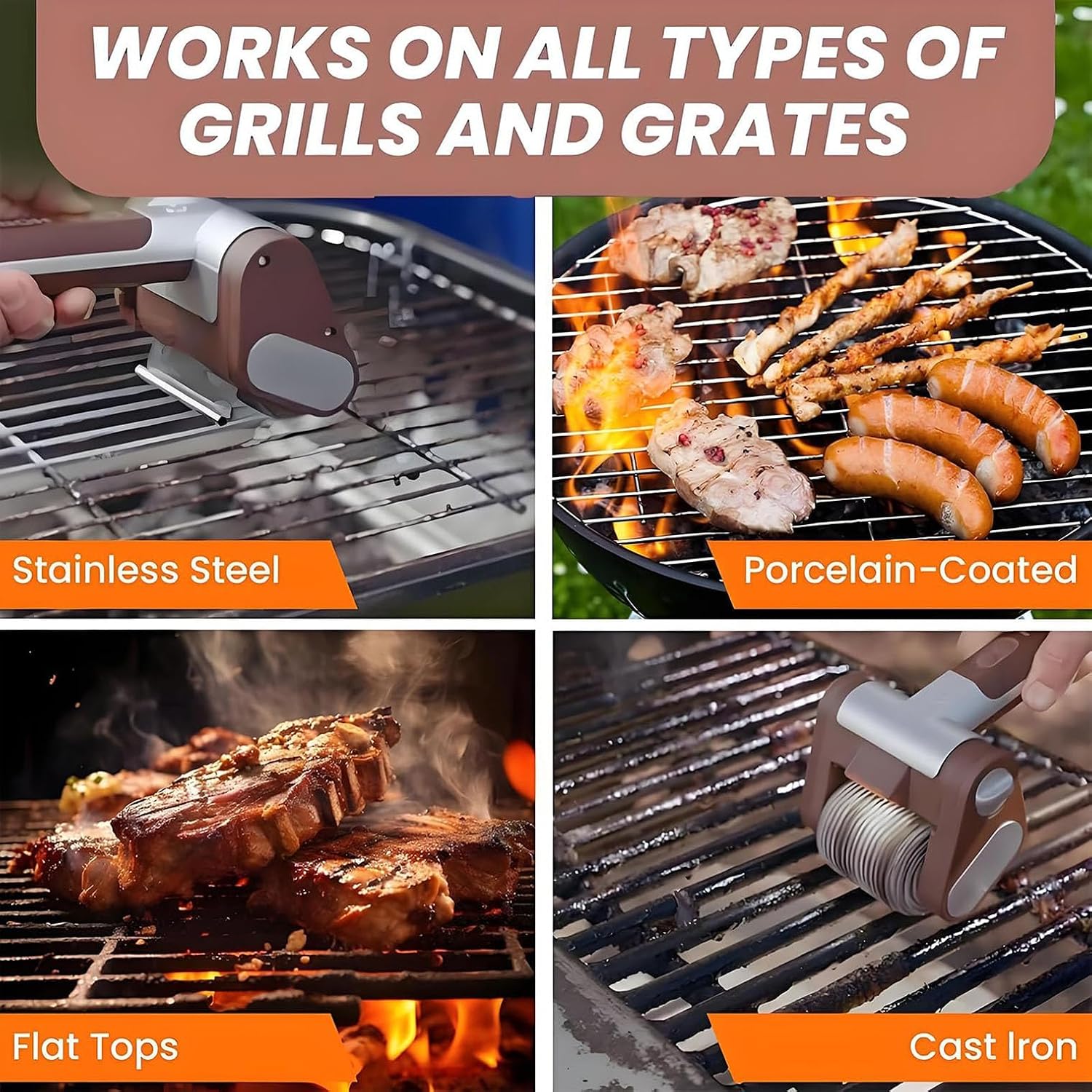 Rechargeable Grill Cleaner with 2pcs Stainless Roller & BBQ Air Blower, Cordless Spinning Grill, Brush, 350 RPM, LED Light, No Bristles, No Preheating, BBQ Tool for Outdoor Camping