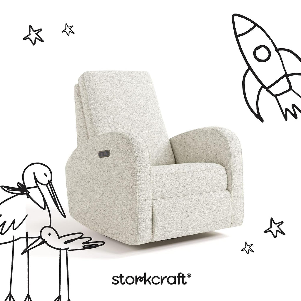 Storkcraft Santa Monica Power Recliner Swivel Glider (Ivory Boucle) – Effortless Electronic Power Recline, USB-A & USB-C Charger
