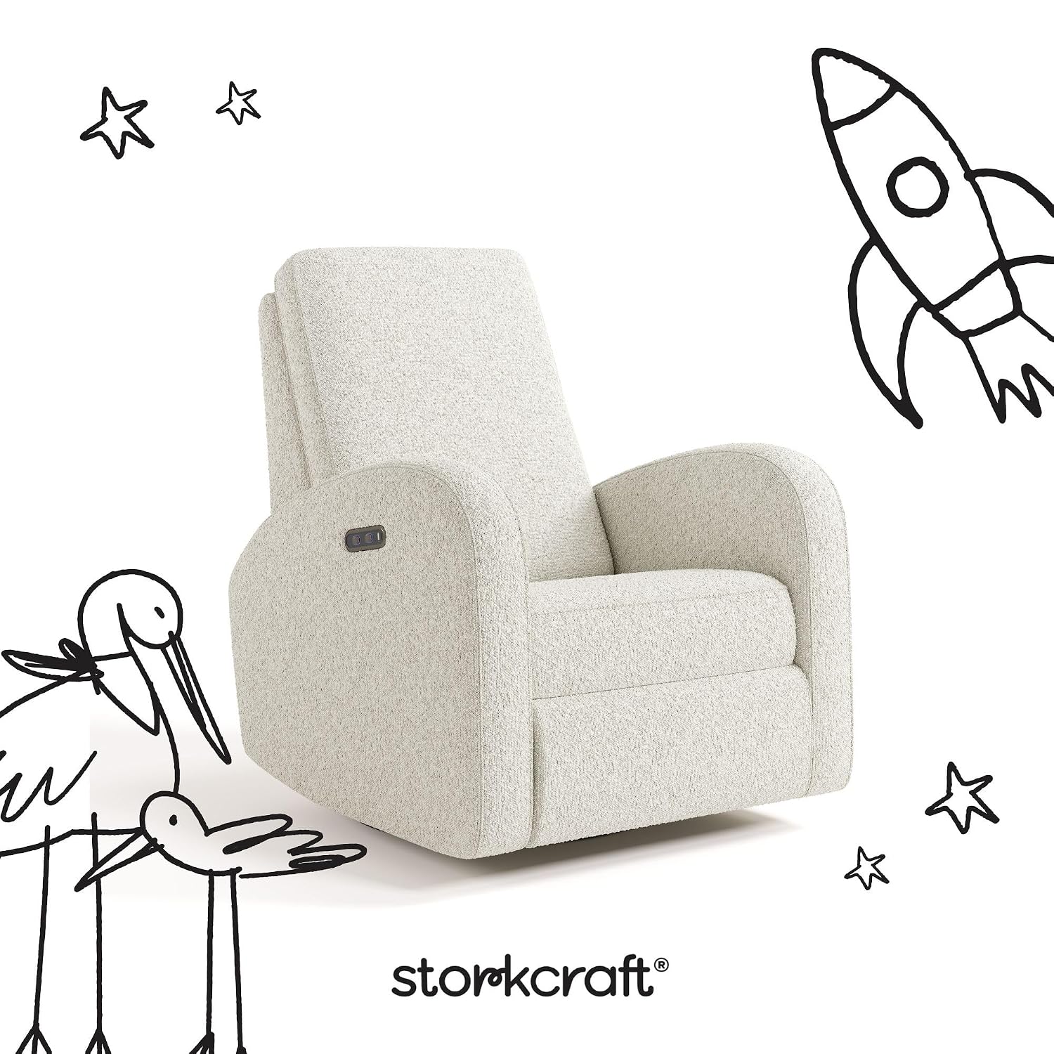 Storkcraft Santa Monica Power Recliner Swivel Glider (Ivory Boucle) – Effortless Electronic Power Recline, USB-A & USB-C Charger