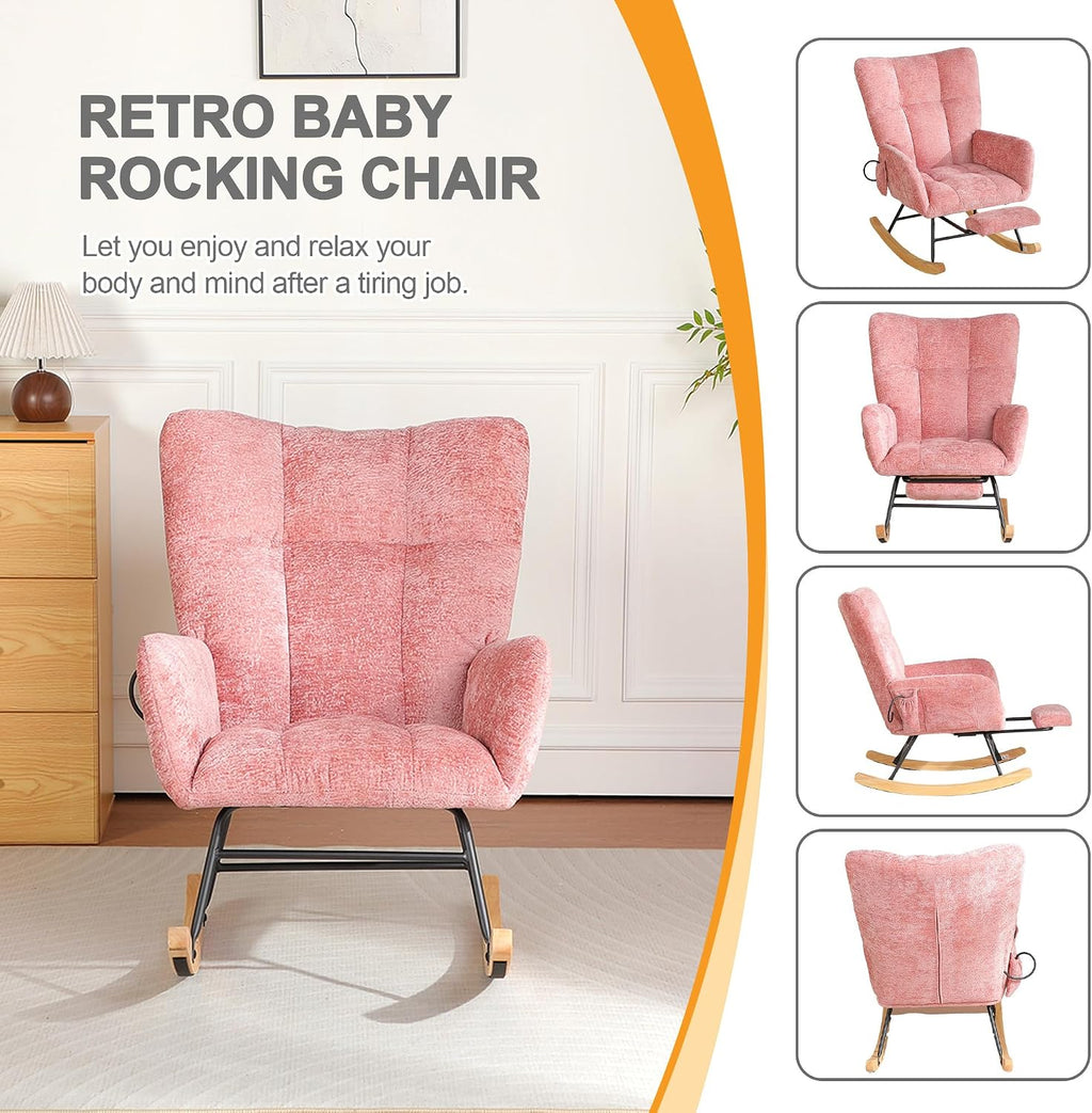 Rocking Chair Nursery, Nursery Rocking Reading Chair Indoor, Cozy Upholstered Glider Rocker Chairs for Living Room Bedroom, Sillas Mecedoras (Chenille, Pink)