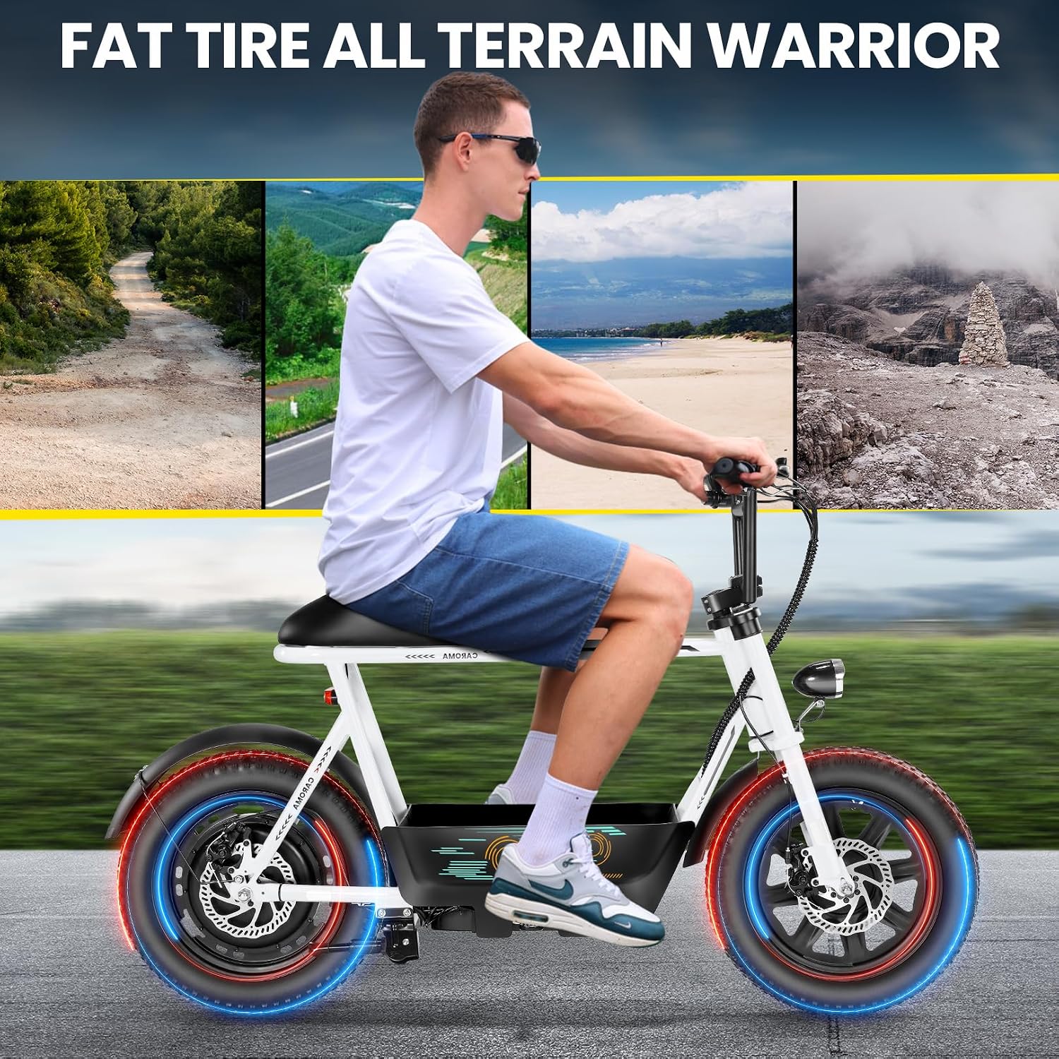 Caroma Peak 1200W/800W/500W Electric Scooter with Seat,16'×3' Fat Tire Ebike All-Terrain,Max 30Miles&20MPH Electric Scooter Adults,Electric Motorcycle Adults with Storage Basket for Pets&Cargo