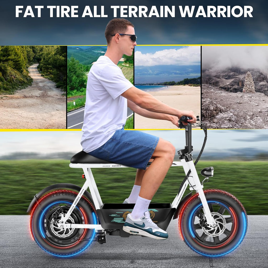 Caroma Peak 1200W/800W/500W Electric Scooter with Seat,16'×3' Fat Tire Ebike All-Terrain,Max 30Miles&20MPH Electric Scooter Adults,Electric Motorcycle Adults with Storage Basket for Pets&Cargo