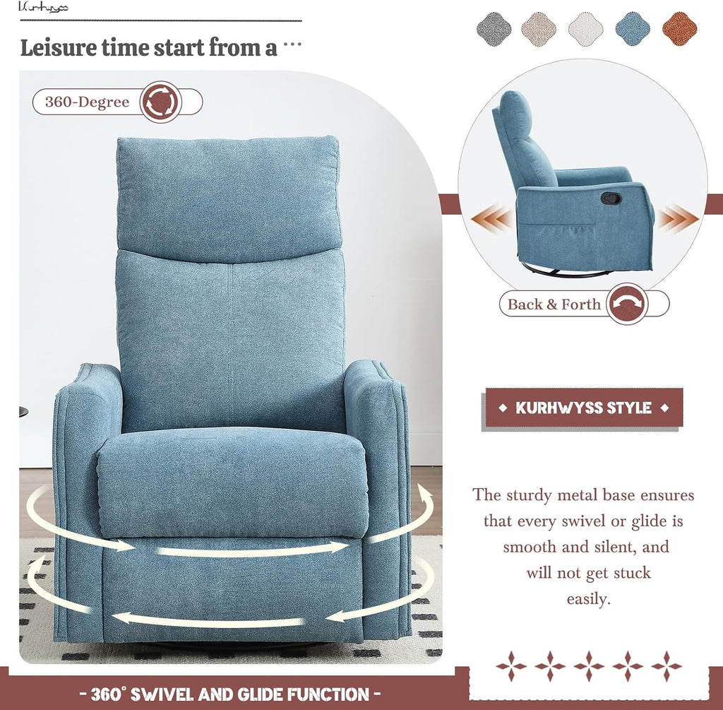 Rocking Recliner Chair with Heat and Massage, 360° Swivel Glider Rocker with Reclining Backrest and Footrest, Modern Nursery Rocking Chairs for Adults for Bedroom, Living Room, Office (Blue)
