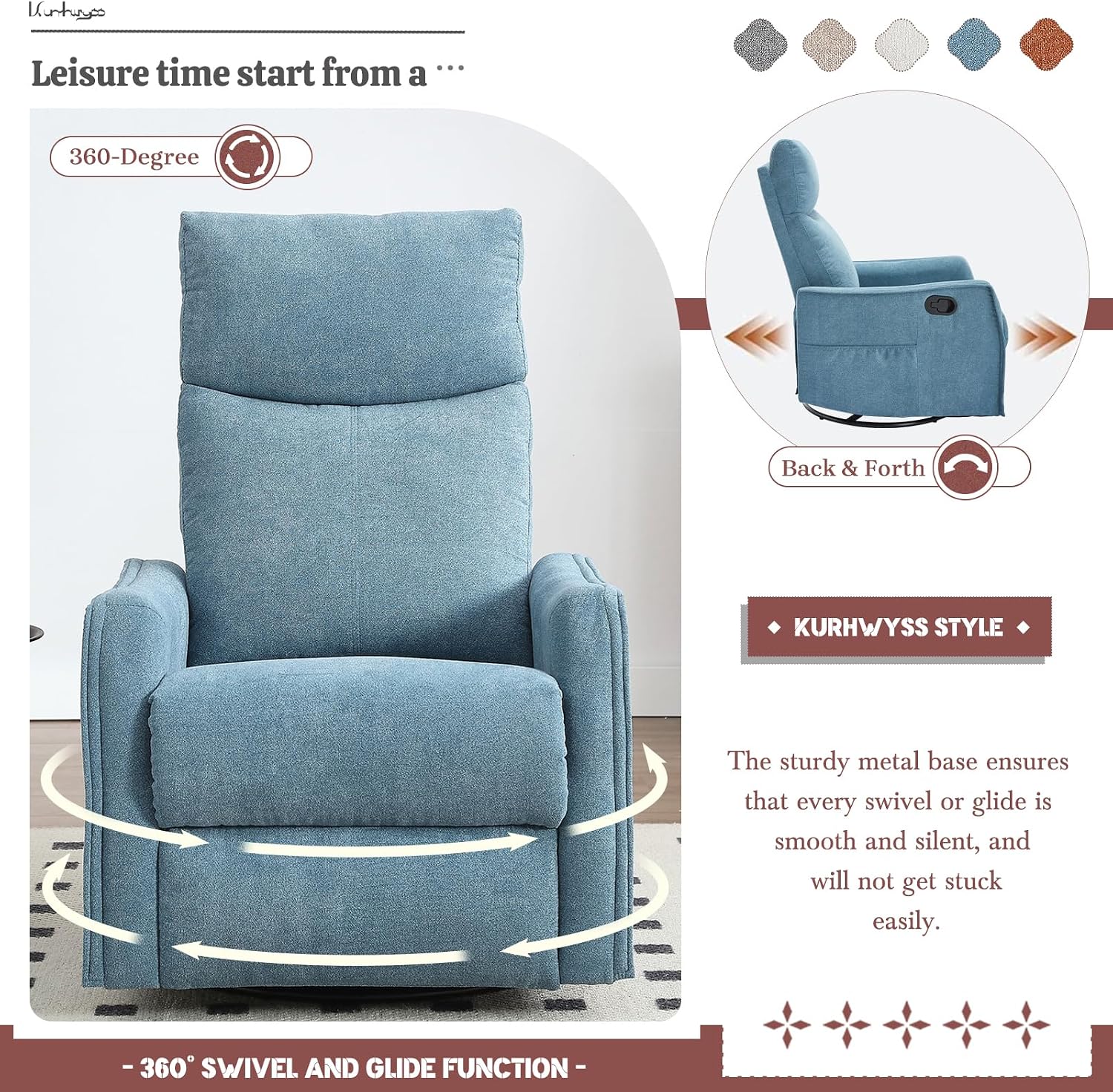 Rocking Recliner Chair with Heat and Massage, 360° Swivel Glider Rocker with Reclining Backrest and Footrest, Modern Nursery Rocking Chairs for Adults for Bedroom, Living Room, Office (Blue)
