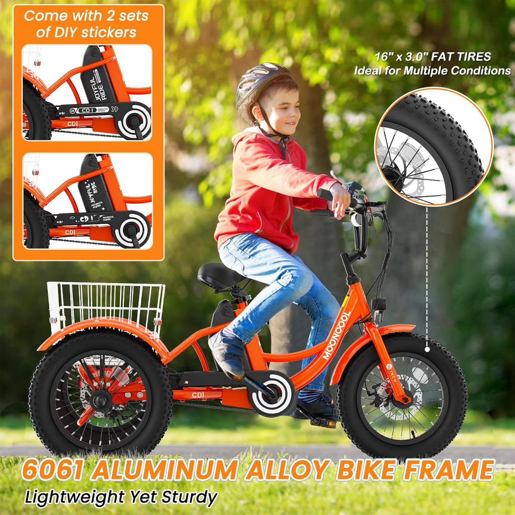 MOOHOTO 16' Electric Tricycle for Small Riders, 3 Wheel Fat Tire E-Trike with Low Step-Through Aluminum Frame, Low-Speed Mode, Removable Battery, Rear Basket, Easy Control for Beginners