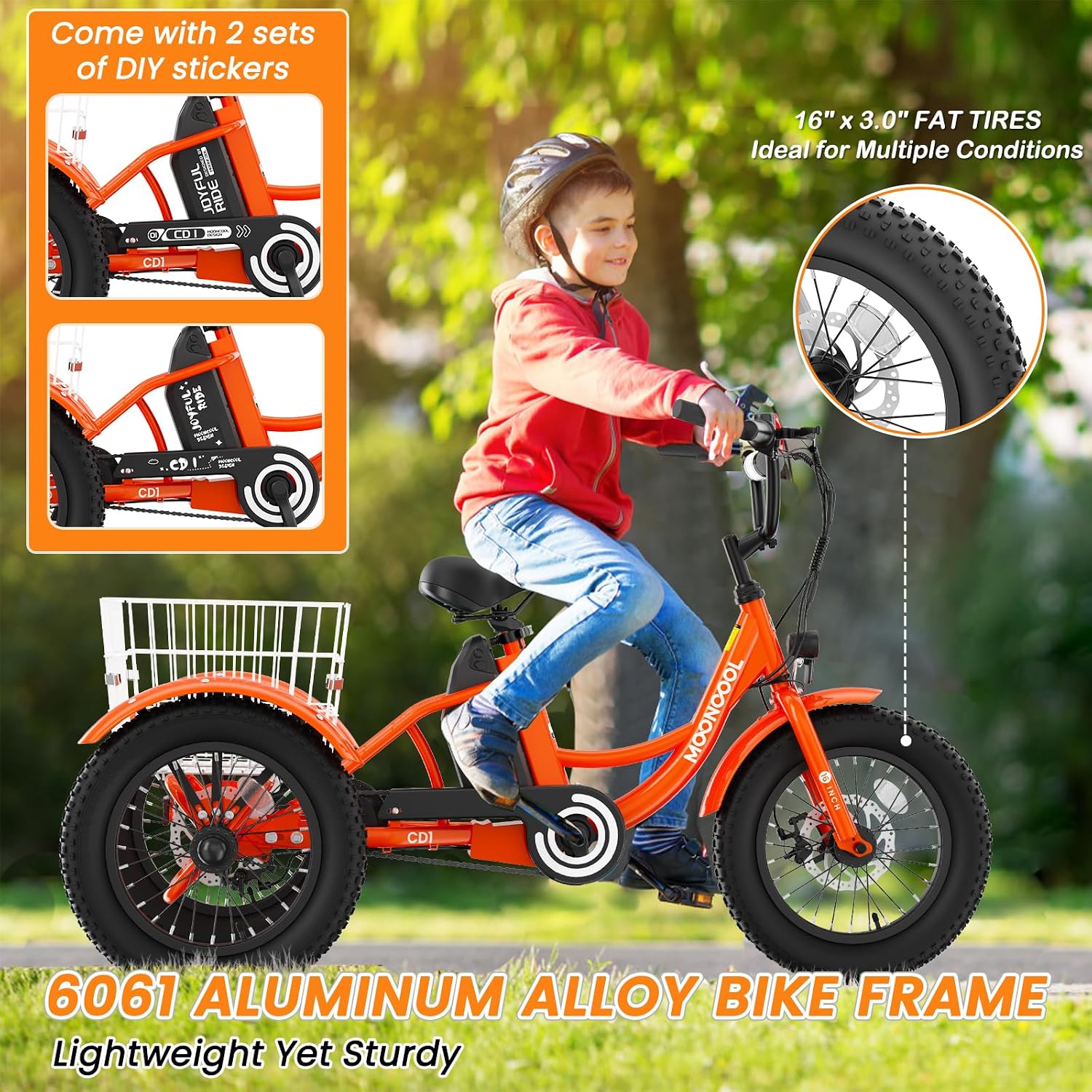 MOOHOTO 16' Electric Tricycle for Small Riders, 3 Wheel Fat Tire E-Trike with Low Step-Through Aluminum Frame, Low-Speed Mode, Removable Battery, Rear Basket, Easy Control for Beginners