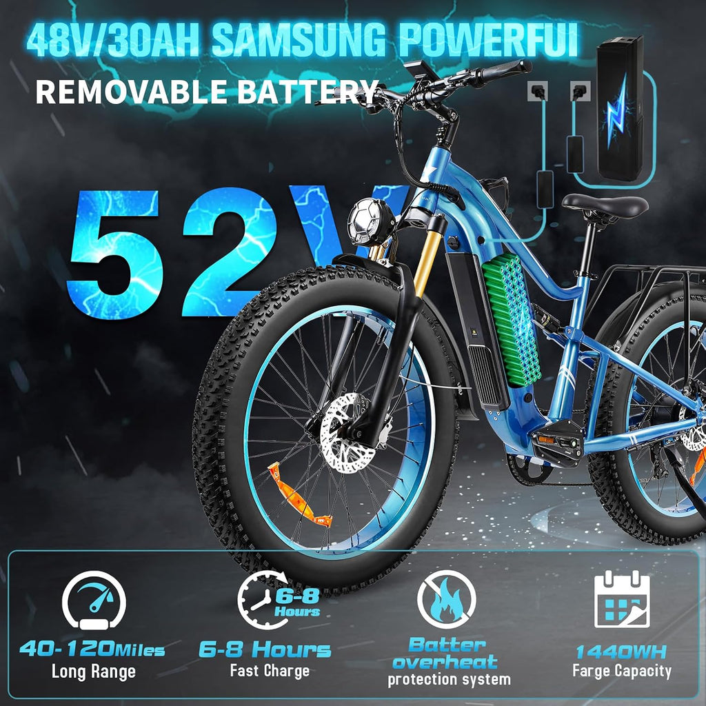 Electric Bike for Adults, 1800W Motor 52V 30Ah Samsung Battery Electric Mountain Bicycles, 26' Fat Tire Full Suspension Beach Snow Off Road E Bike, 35MPH & 120 Miles Long Range Ebike