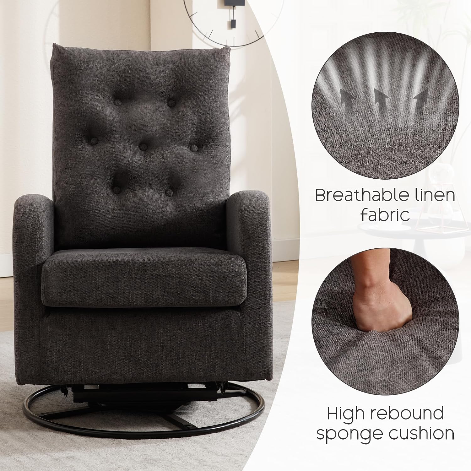 360° Swivel Rocking Chair Nursery - White Glider Modern Accent Chairs Teddy Rocker Padded Armchair for Indoor Living Room Bedroom Maternity Breastfeeding Chair for Adults（Dark Grey）
