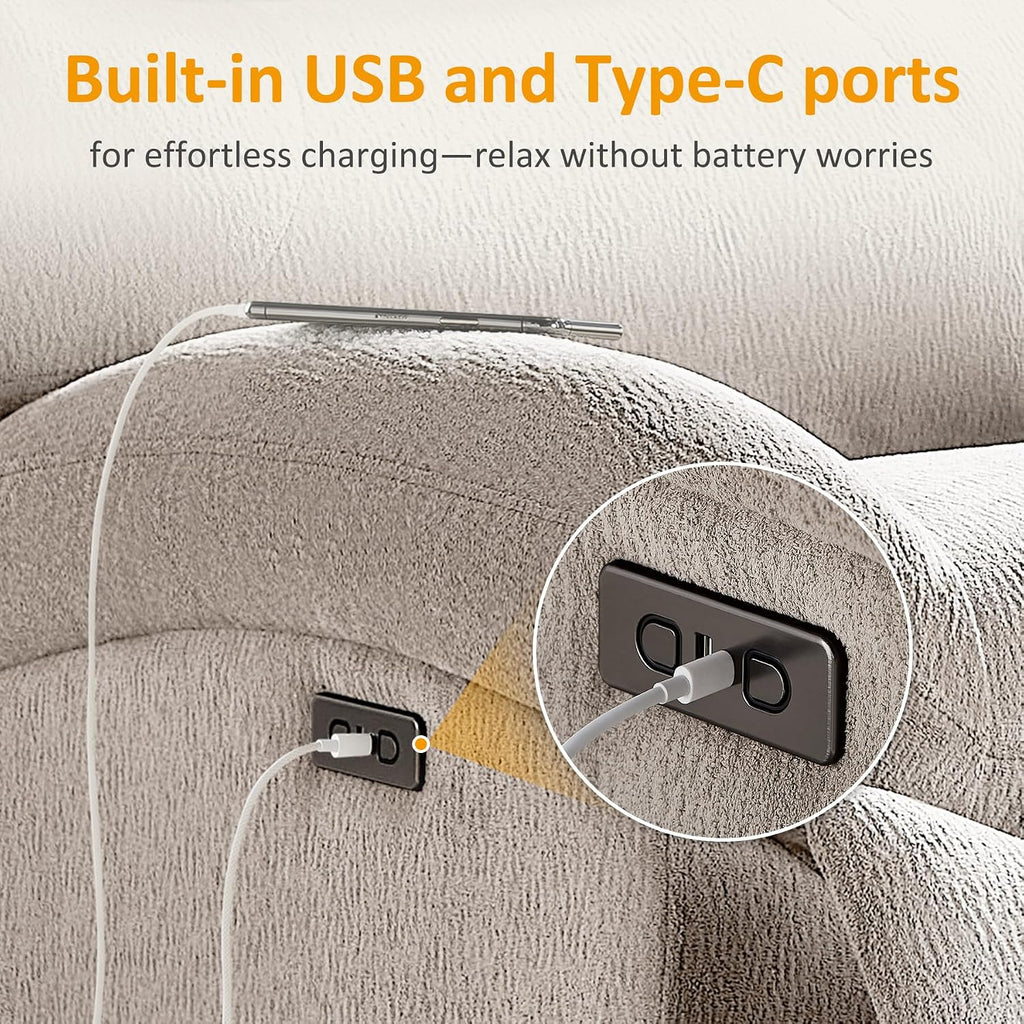VANOMi Power Recliner Chair with USB & Type-C Charging, 270° Swivel Glider Rocker, Electric Nursery Recliner for Living Room, Bedroom, and Office, Camel
