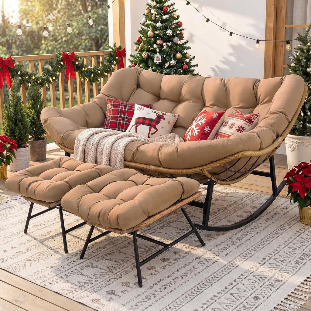 RADIATA Double Papasan Rocking Chair with Ottomans, Oversized Egg Rocking Chairs for 2, Large Wide Loveseat Recliner with Comfy Cushion for Indoor Outdoor Patio Garden, Brown