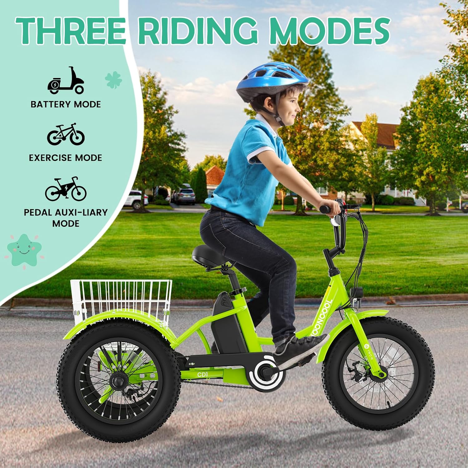 LILYPELLE Electric Tricycle for Youth, 250W Aluminum Frame Electric Tricycle Etrike, 16IN 3 Wheels Electric Bicycle Bikes, 3.0 Fat Tire Electric Trike with Removable Battery and Rear Basket