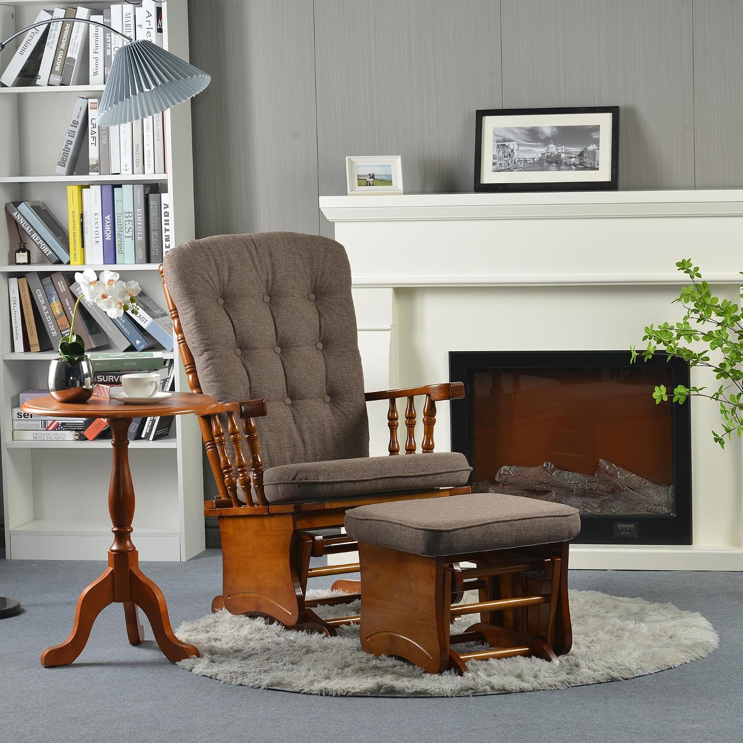 Solid Wood Glider Rocking Chair and Ottoman Set, Rustic Nursery Glider Rocker with Padded Cushion, Smooth Rocking Motion Indoor Living Room Nursing Napping Reading, Coffee Brown