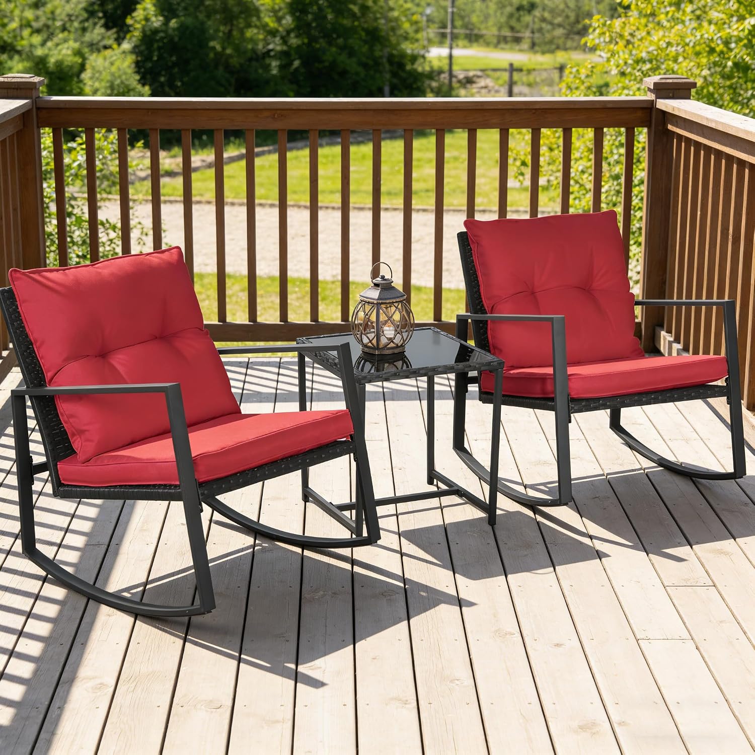 SUNCROWN 3 Piece Outdoor Rocking Bistro Set Black Wicker Furniture Porch Chairs Conversation Sets with Glass Coffee Table, Red