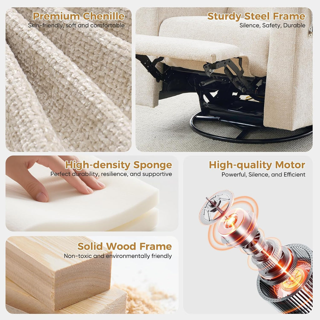 Power Swivel Glider Rocking Chair Nursery, Skin-Friendly Premium Chenille Electric Glider Rocker Recliner Chair with Armrest Storage, USB A&C Ports, Cup Holder, Phone Holder, Chenille Beige