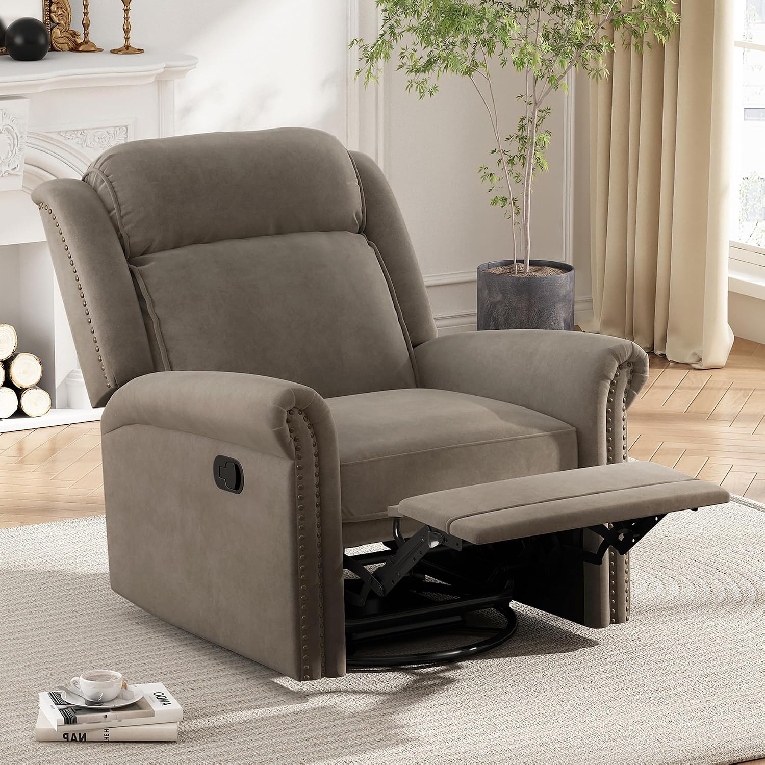 JIVOIT 360° Swivel Recliner Chair with Adjustable Backrest, Manual Rocking Recliner Home Theater Manual Recliner Chair with Metal Base and Velvet Fabric for Living Room (Light Brown, 2)