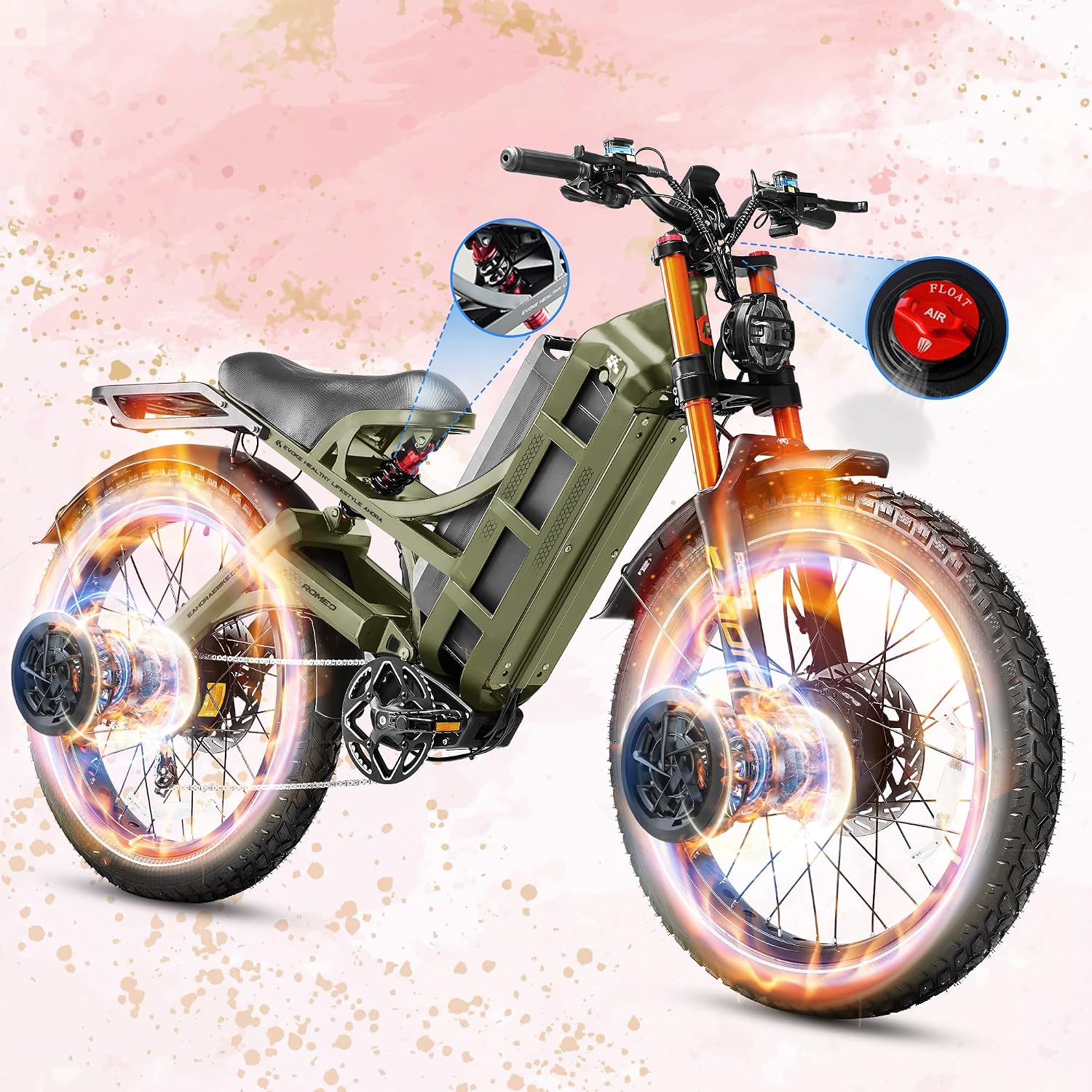eAhora 2025 Romeo Pro 3/2 50-46Mph Electric Bike for Adults 5600W/4000W/2500W Dual Motor Ebike 60V/80Ah 52V/70Ah 200+Miles Long Range Fat Tire Full Suspension Electric Mountain Bicycle