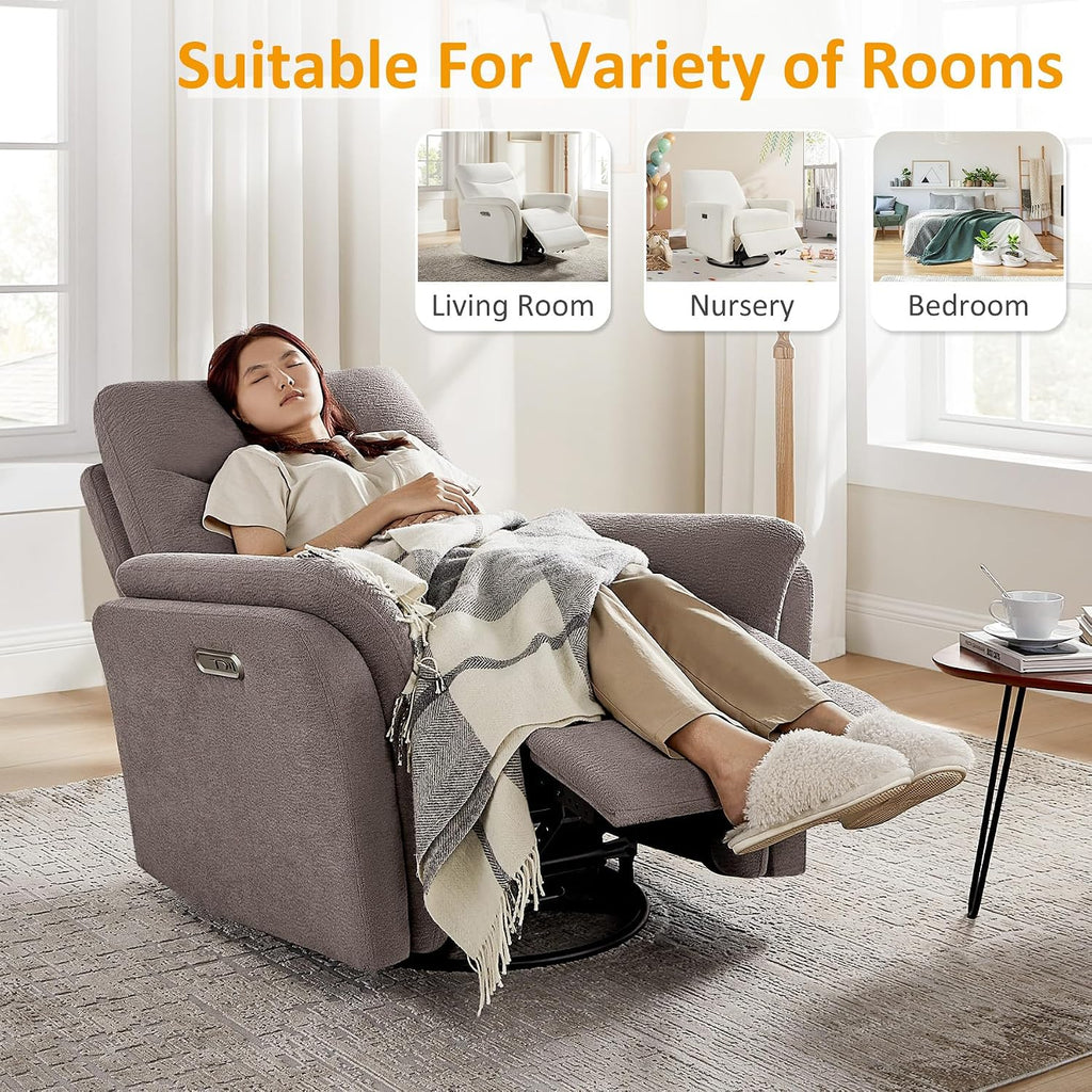 VANOMi Power Recliner Chair Swivel Glider, Electric Rocking Recliner Chairs with USB and Type-C Ports, Nursery Chair Recliner for Living Room, Bedroom, Apartment（Light Brown）