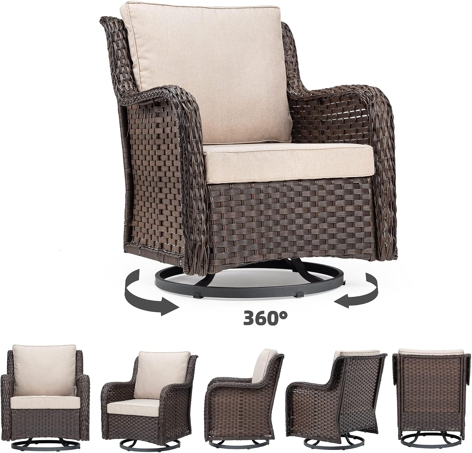 Outdoor Porch Chairs with Table, 3-Piece Wicker Glider Rocking Chair Set, 360° Swivel Patio Furniture with 4' Thick Cushions for Porch, Deck, Balcony