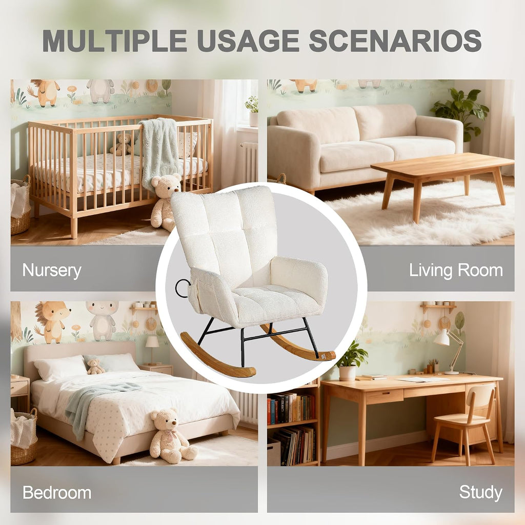 Rocking Chair Nursery with Airbag, Comfy Modern Nursery Rocking Reading Chair indoor, Cozy Upholstered Glider Rocker Chairs for Living Room Bedroom Offices, Sillas Mecedoras(Chenille, White)