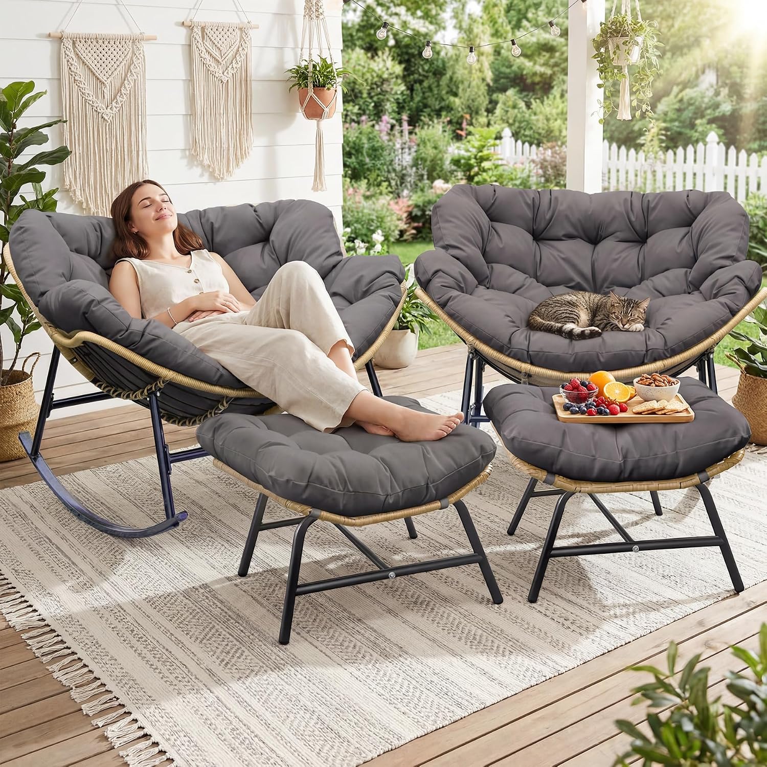 FINCATI Patio Papasan Rocking Chair with Ottoman Set of 2, Outdoor Indoor Egg Chair with Footrests and Cushion, 450 lbs Heavy Duty Comfy Rattan Rocker for Balcony Backyard Bedroom Lawn Grey