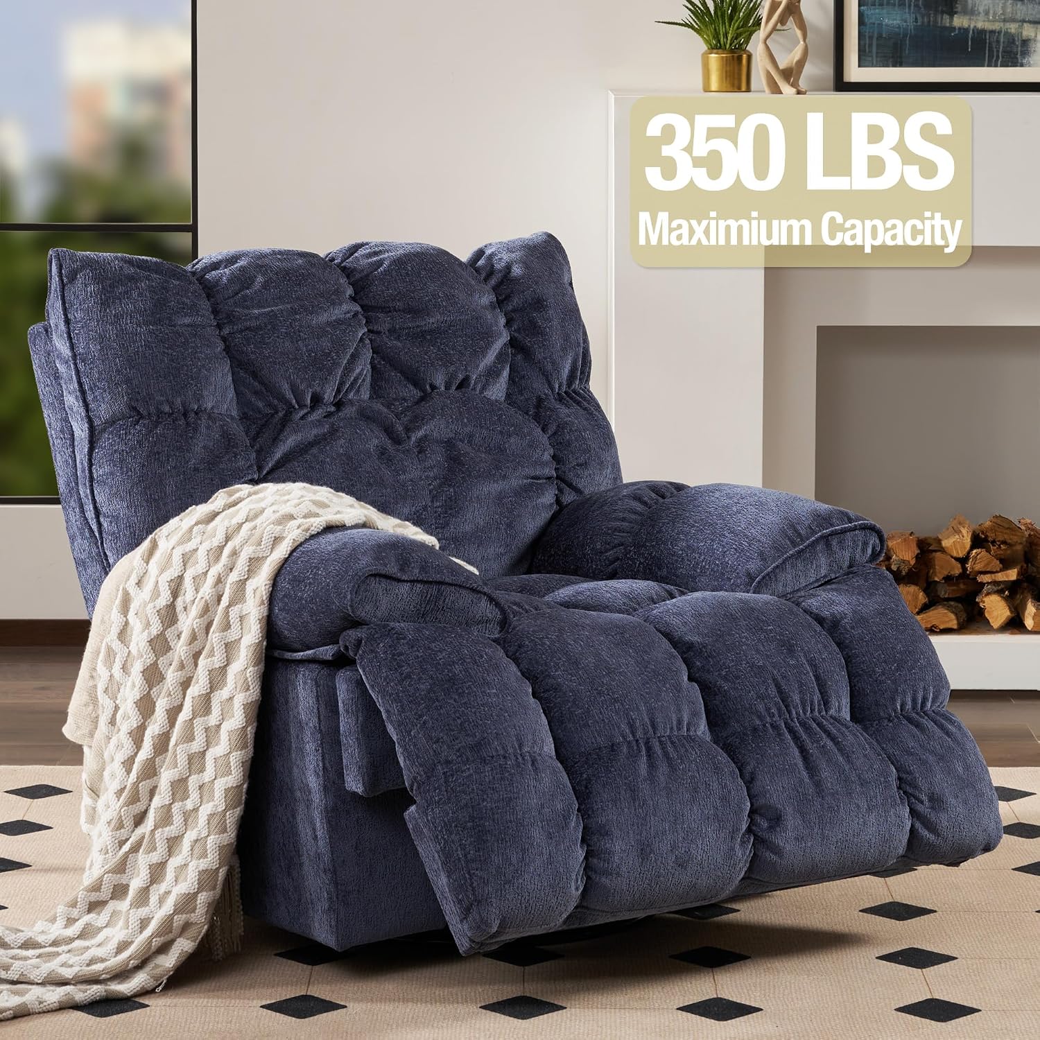 SITJOY Oversized Power Swivel Rocker Recliner Chair, Overstuffed Extra Wide Rocking Chair for Big and Tall, Glider Recliner Nursery Chair, Soft Breathable Fabric in Dark Blue, Manual