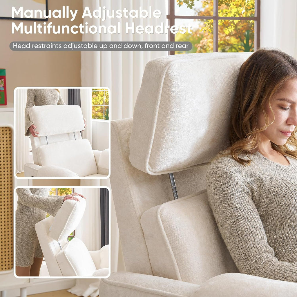 Oversized Power Rocker Recliner Chair, 26' Extra Wide Swivel Recliner with Adjustable Headrest, Chenille Glider Rocking Nursery Chair with Overstuffed Armrest, USB Ports, Cream
