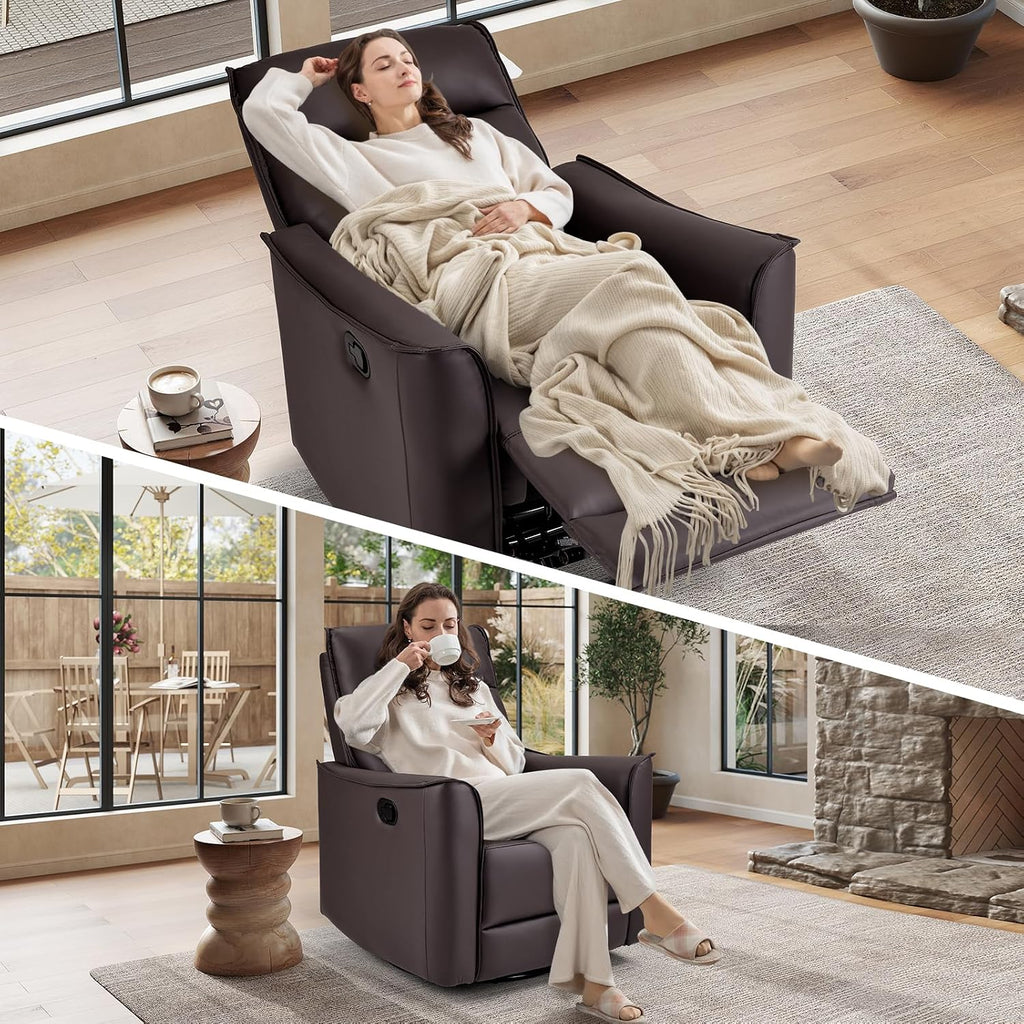 ANJ Manual Swivel Rocker Recliner, Glider Recliners with Padded Armrest and Backrest, Soft Leather Nursery Rocking Recliner Chair Reclining Sofa for Living Room