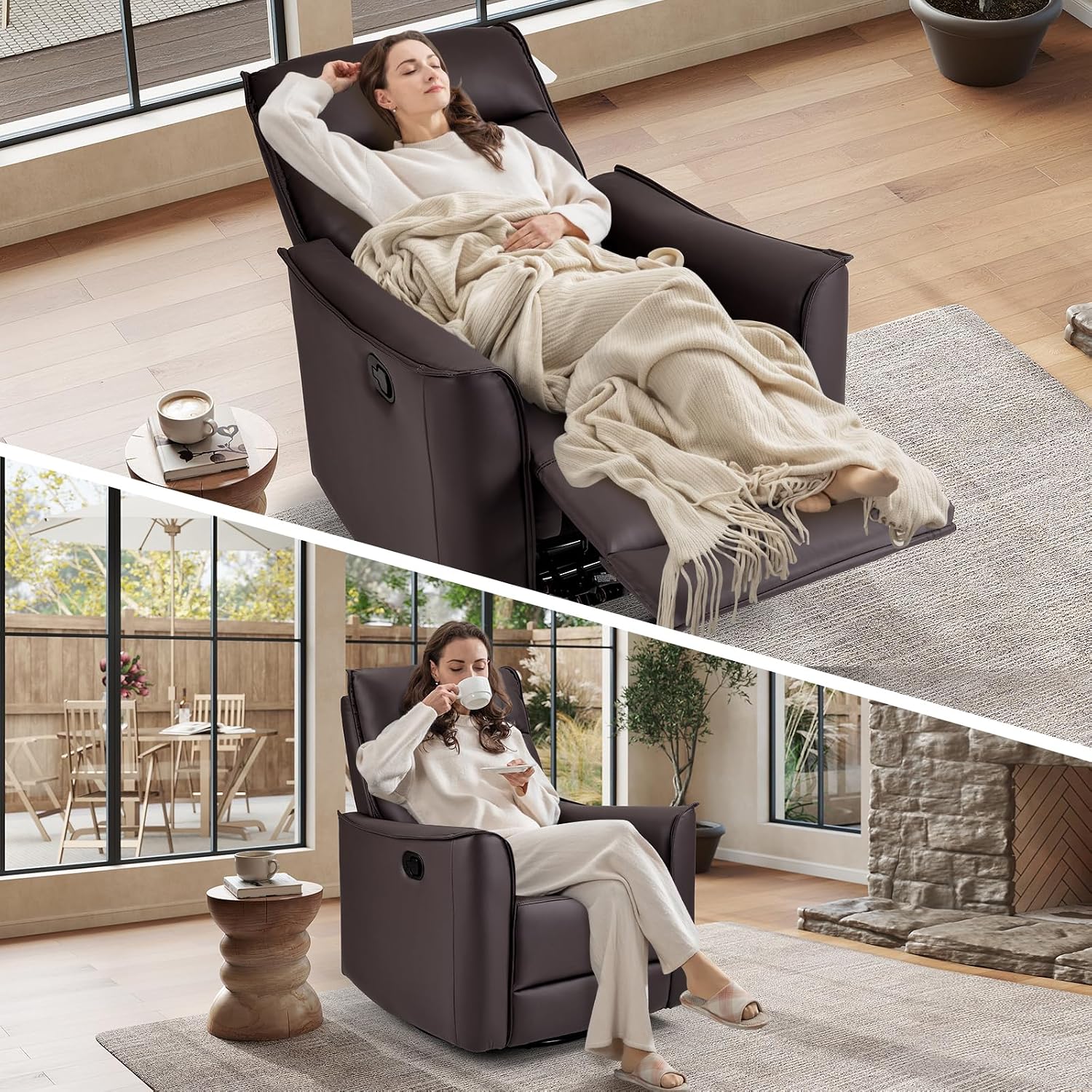 ANJ Manual Swivel Rocker Recliner, Glider Recliners with Padded Armrest and Backrest, Soft Leather Nursery Rocking Recliner Chair Reclining Sofa for Living Room