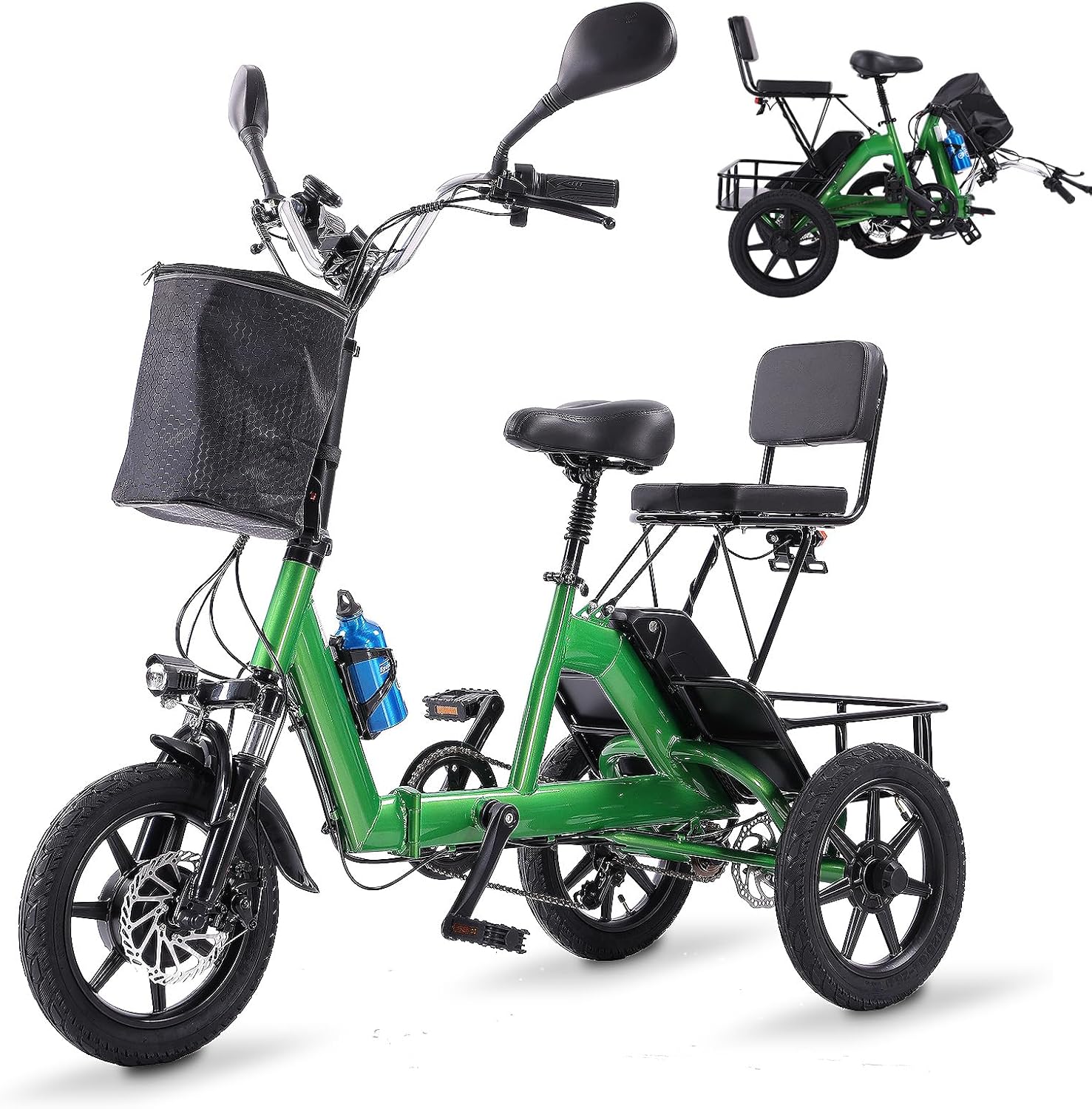 E Trike Electric Bike, 350W(Peak 500W) Brushless Motor Folding Trike, 2 Seats Ebike, 480Wh Removable Battery, Step-Thru 3 Wheel Electric Bicycle, Up to 45 Miles, Tricycle for Adults Parents
