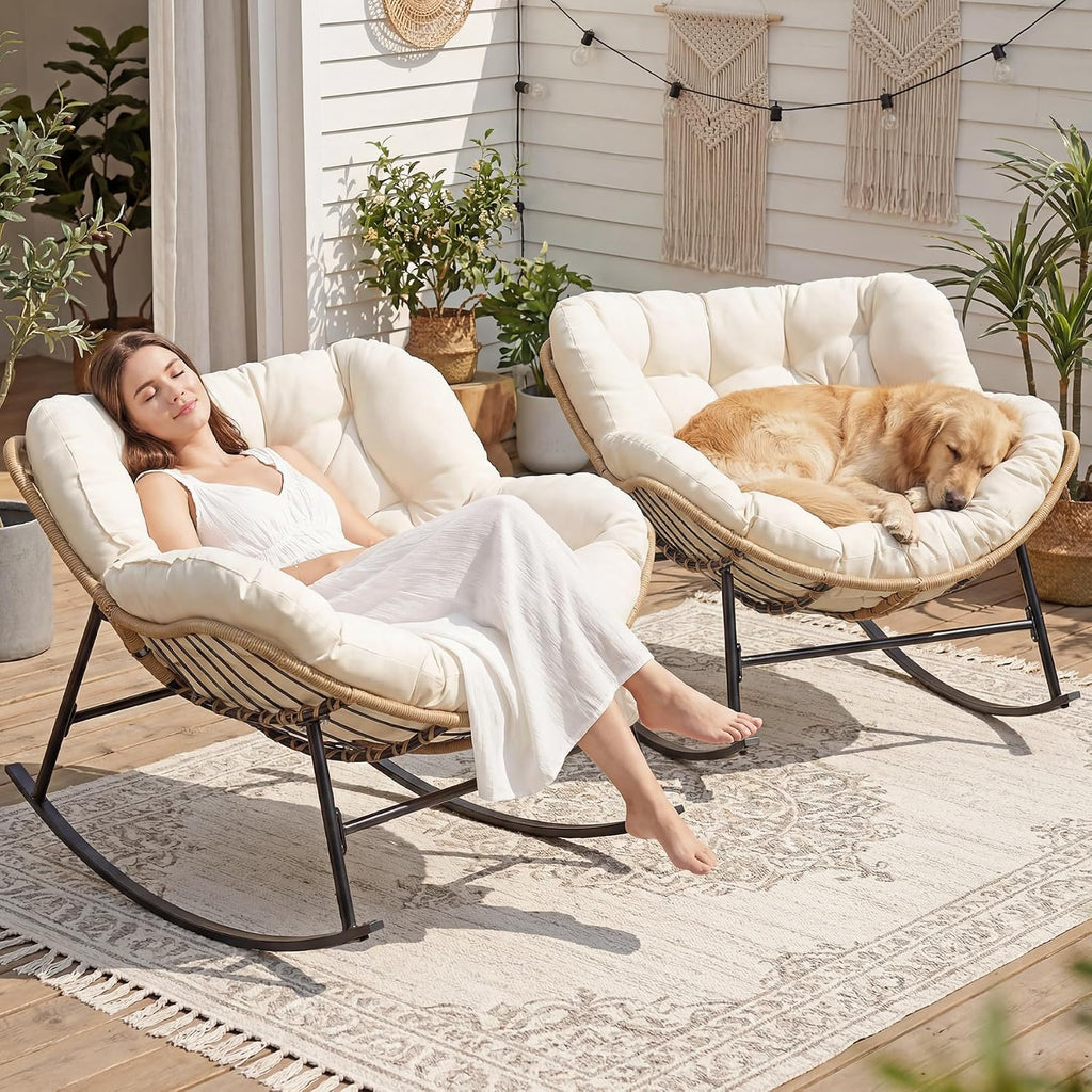 RADIATA 2 PCS Rocking Egg Chair with Cushion, Indoor Outdoor Oversized Lounge Chair for 2 Person, Comfy PE Wicker Papasan Rocker with 450 lbs Heavy Duty Capacity for Patio Porch Balcony Garden Beige