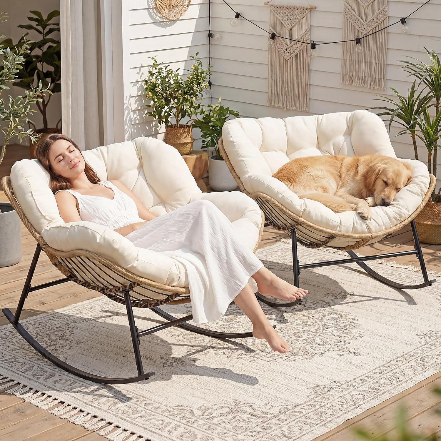 RADIATA 2 PCS Rocking Egg Chair with Cushion, Indoor Outdoor Oversized Lounge Chair for 2 Person, Comfy PE Wicker Papasan Rocker with 450 lbs Heavy Duty Capacity for Patio Porch Balcony Garden Beige