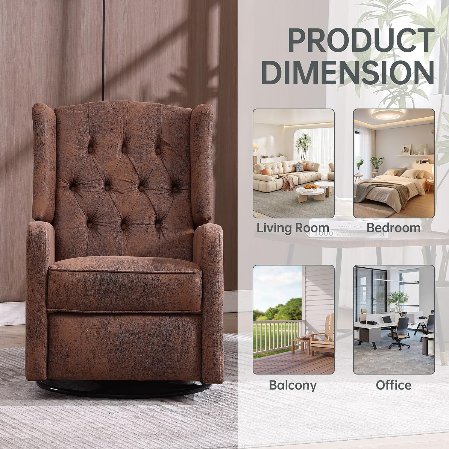 HRVEOCEI Glider Recliner Nursery Chair, Cozy Microsuede Rocking Chair Nursery Recliner with Adjustable Button Backrest and Footrest, Swivel Recliner Chair for Living Room, Bedroom, Office (Coffee)